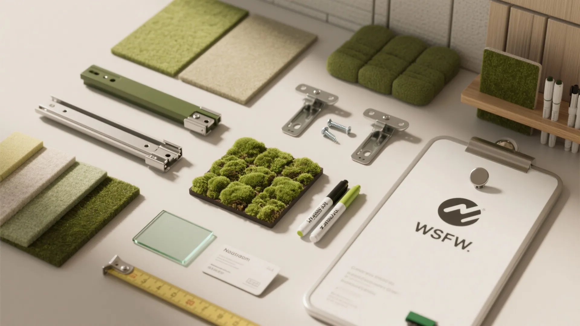 Interior design materials including moss samples metal hinges measuring tape and clipboard on white desk