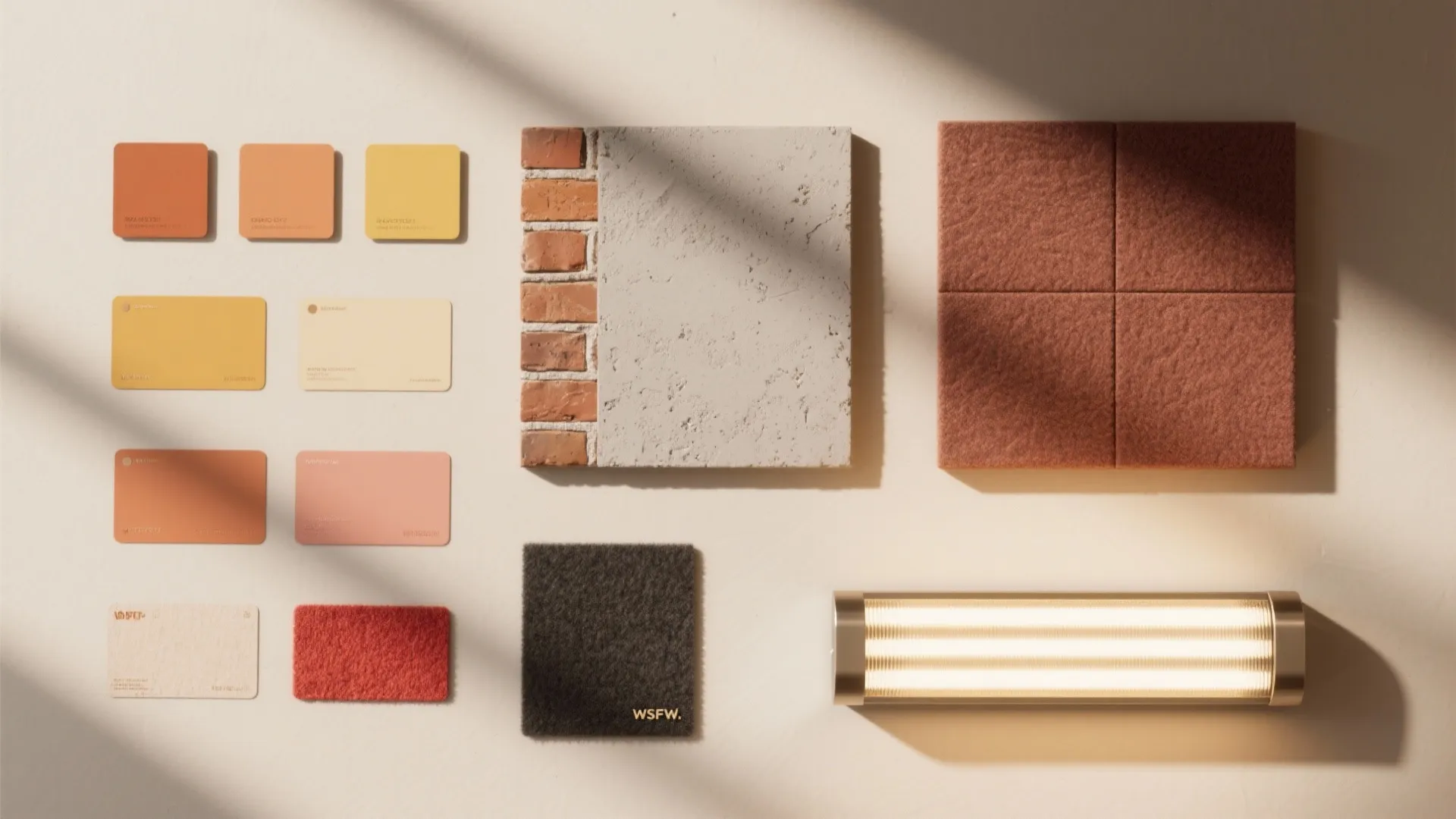Flat lay of restaurant wall materials: warm neutral paint chips, acoustic felt, brick, microcement, and a linear light.