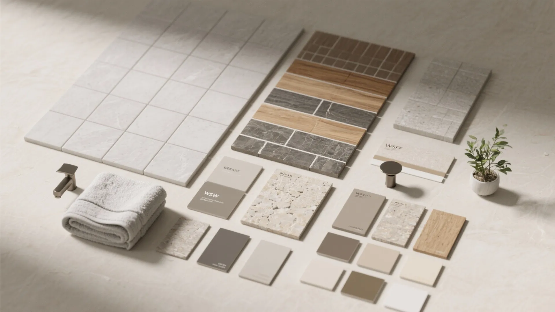 Interior design mood board with tile samples wood pieces color swatches and a small plant