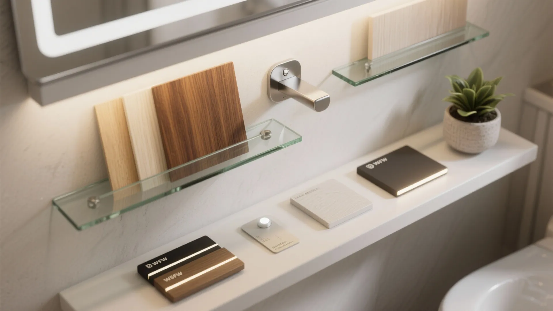 Display of various wood and stone material samples on glass shelves in a bright bathroom