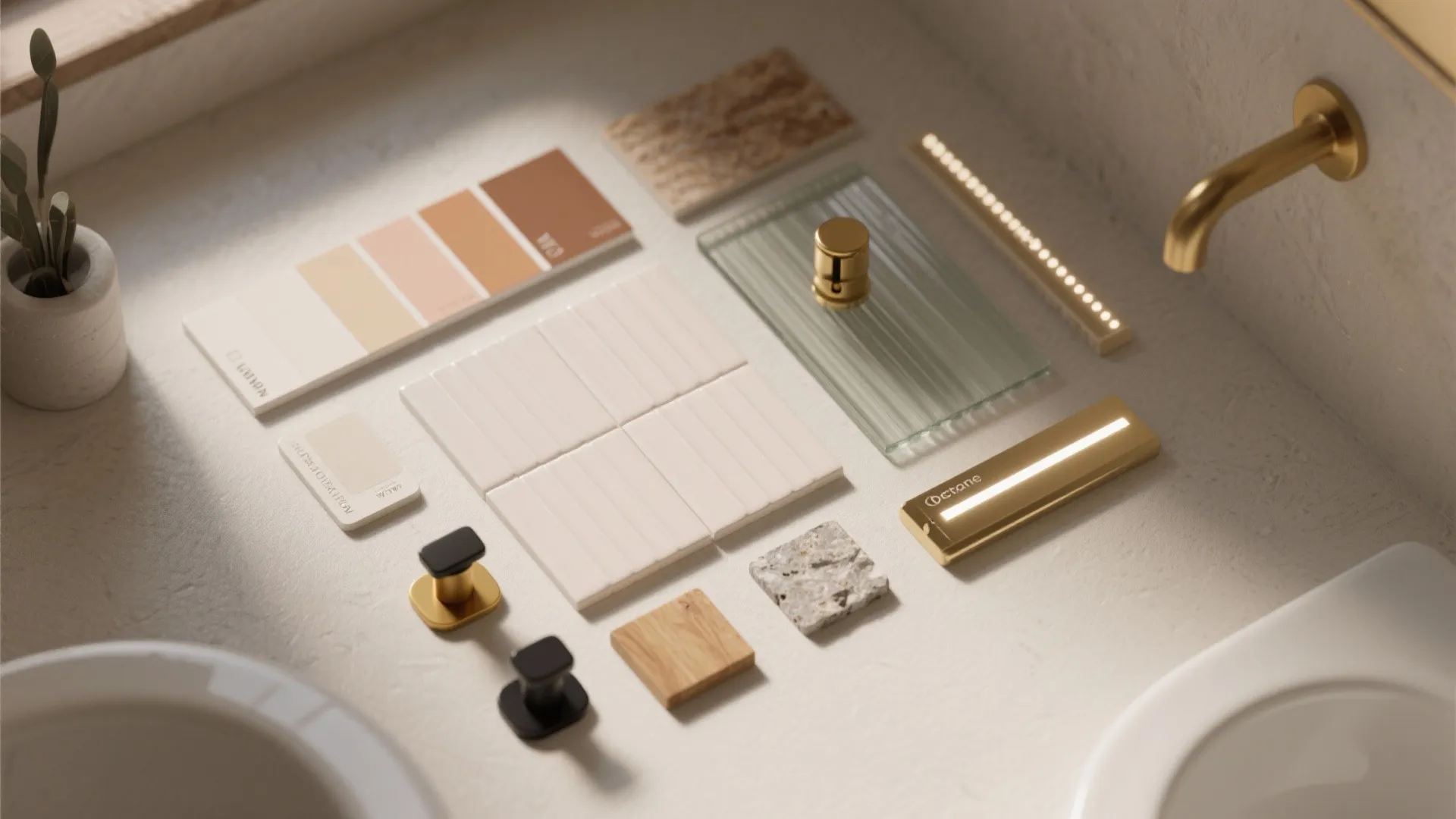 Assorted interior design material samples including tiles wood gold metal pieces and a color palette