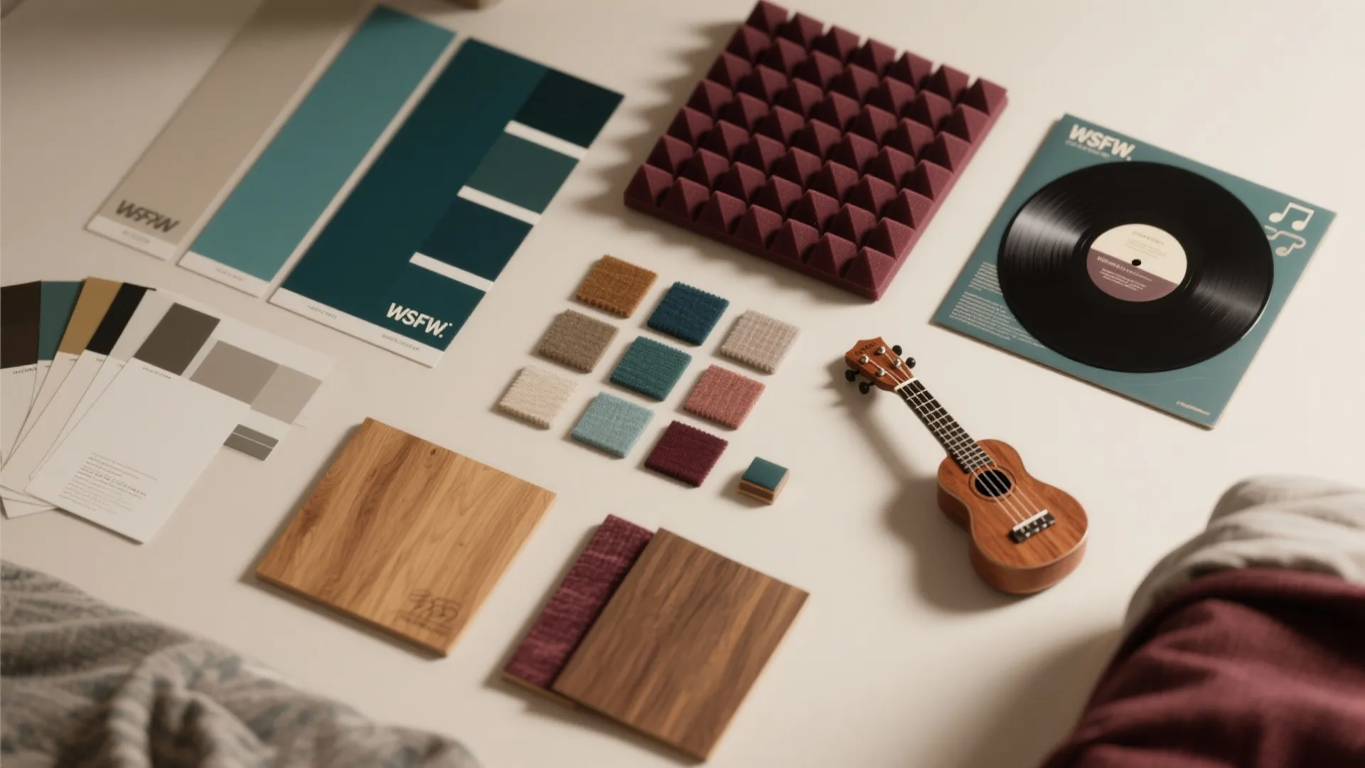 Interior design mood board with color swatches wood samples fabric squares small guitar and record