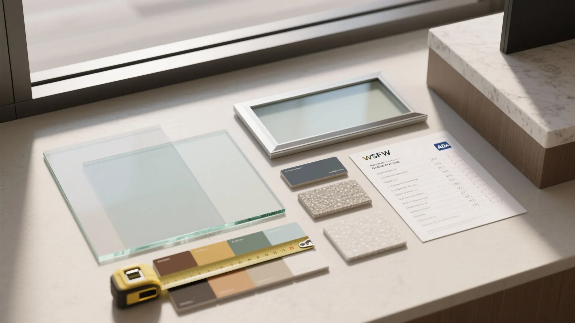 Top-down flatlay of material samples, frosted film, glass edge, aluminum swatch and ADA measuring tools for reception windows.