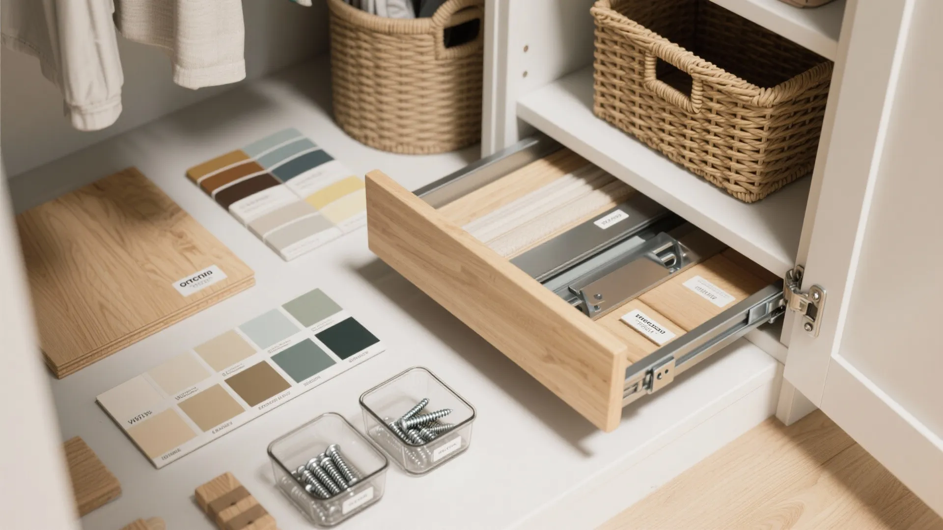 Interior design materials including wood samples color swatches and metal hardware inside a white cabinet