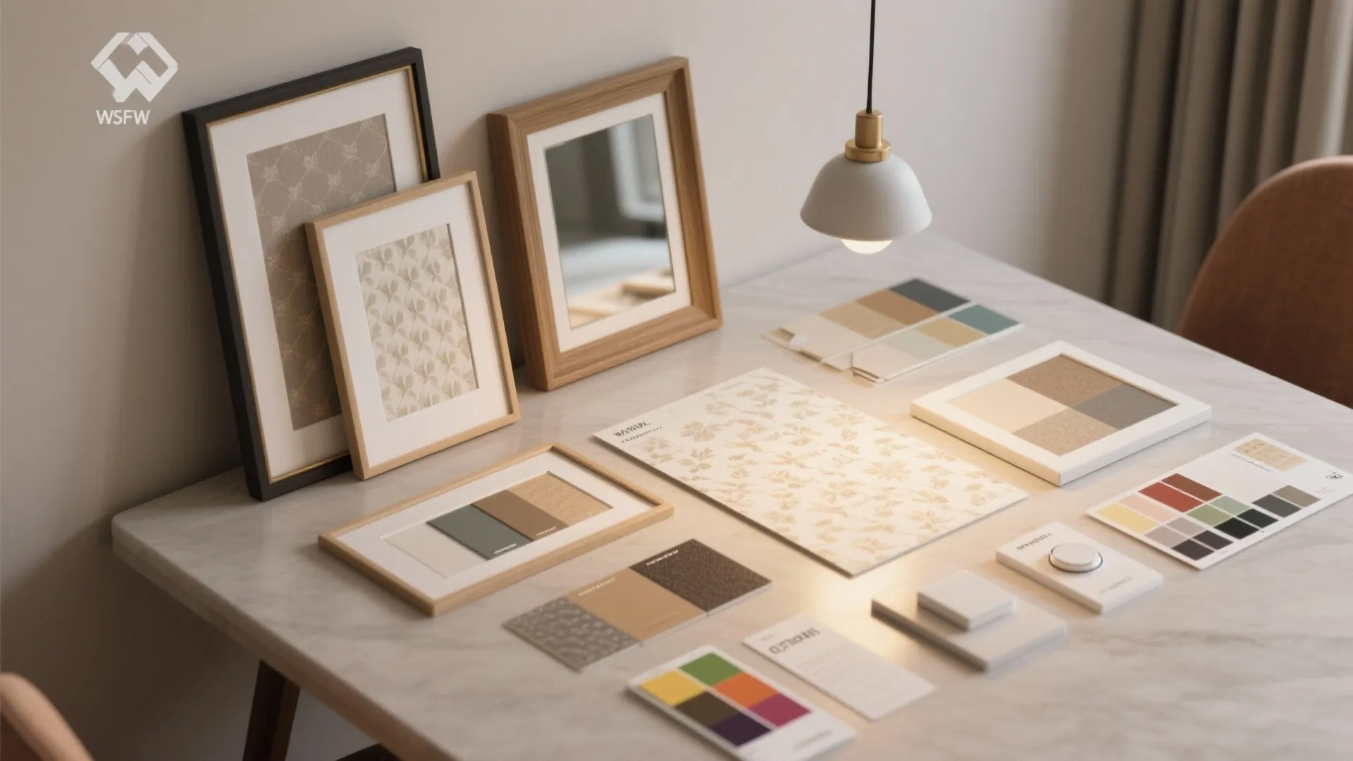 Desk with interior design material samples, color swatches, picture frames, and small white light fixture