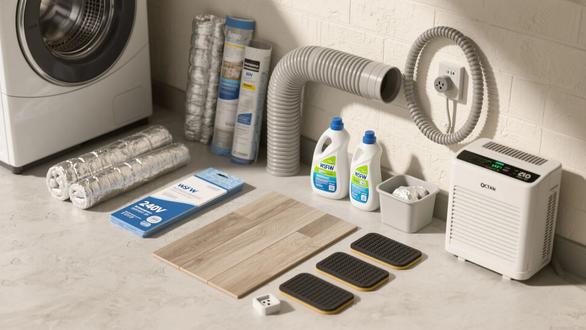 Laundry equipment display including washing machine flexible vent pipe cleaning supplies wood panels and small appliance