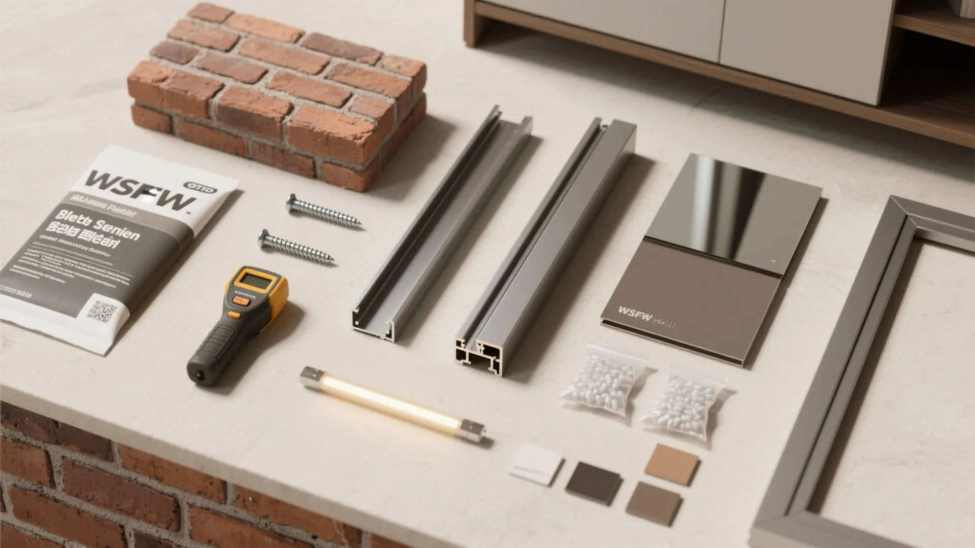 Flat lay of brick sealer, anchors, mirror tint, LED strips, and profiles for small-space almirah planning.