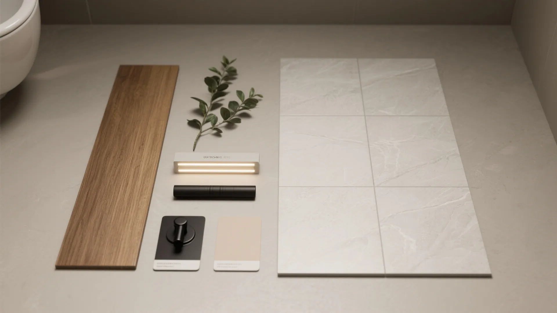 Interior design materials including wood plank white wall tiles black light fixture and green plant