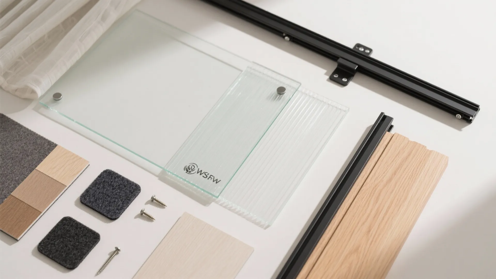 Interior design material board with glass panels wood samples metal tracks screws and fabric swatches