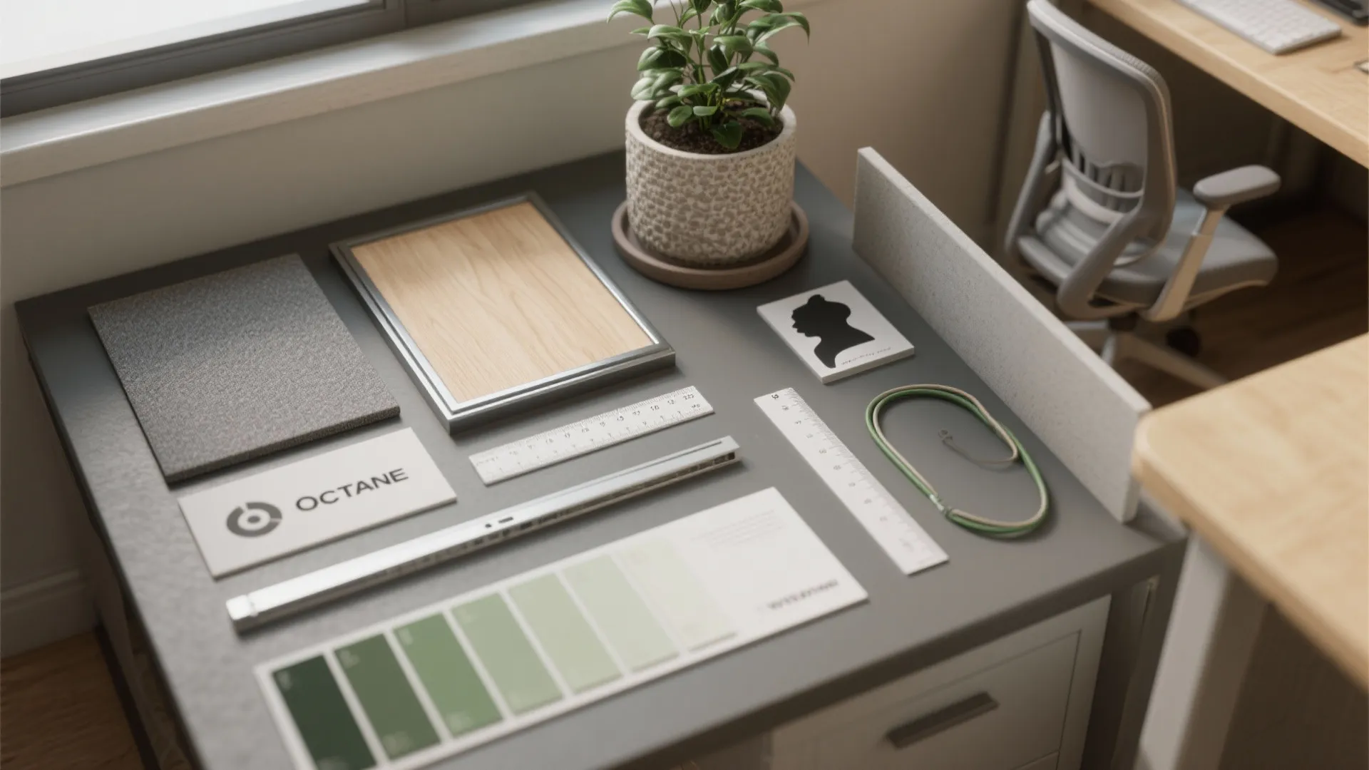 Office desk with interior design drawing color palette rulers small plant and a grey work chair