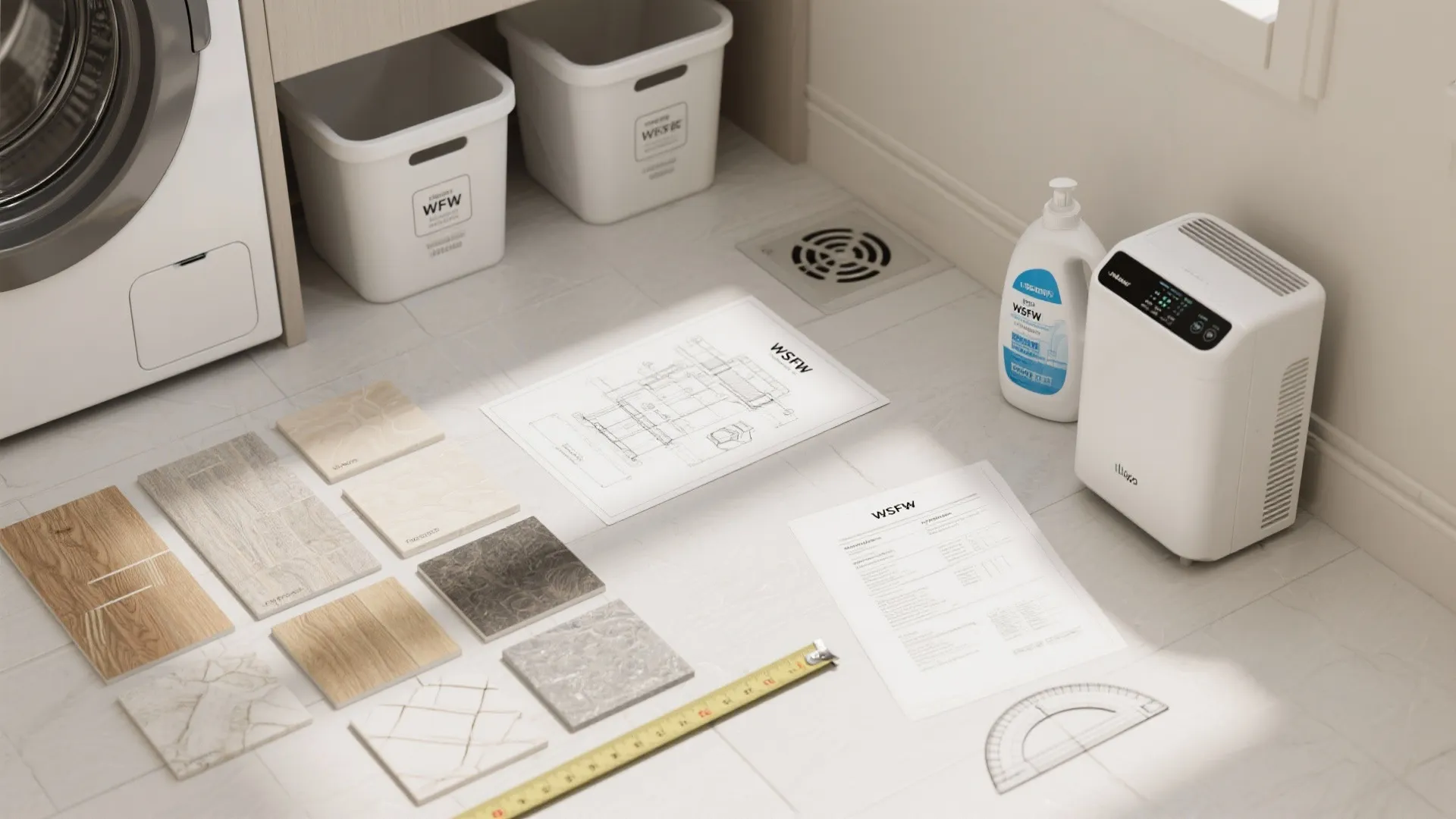 Floor tiles and wood samples laid on floor near laundry machine with tape measure and blueprints