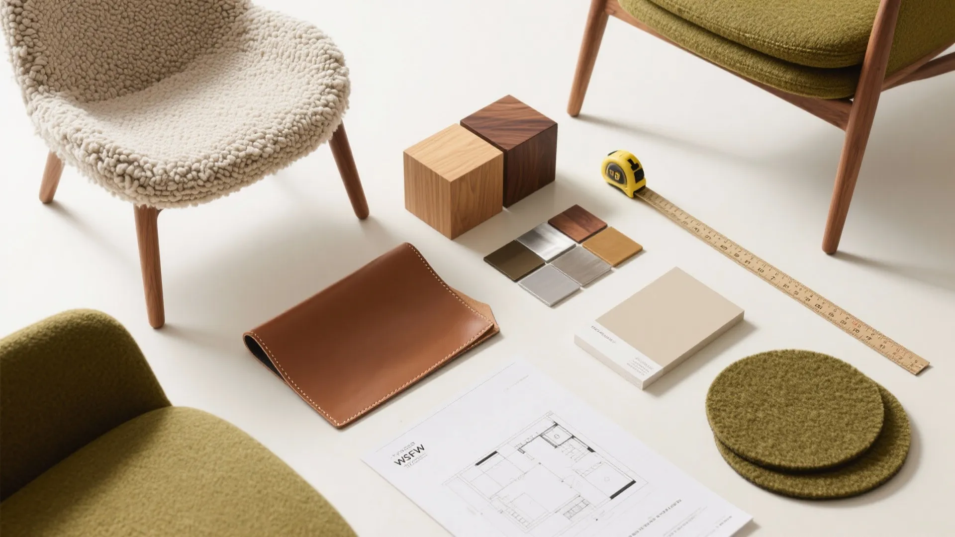 Interior design materials including wood blocks fabric swatches leather and floor plan on white background