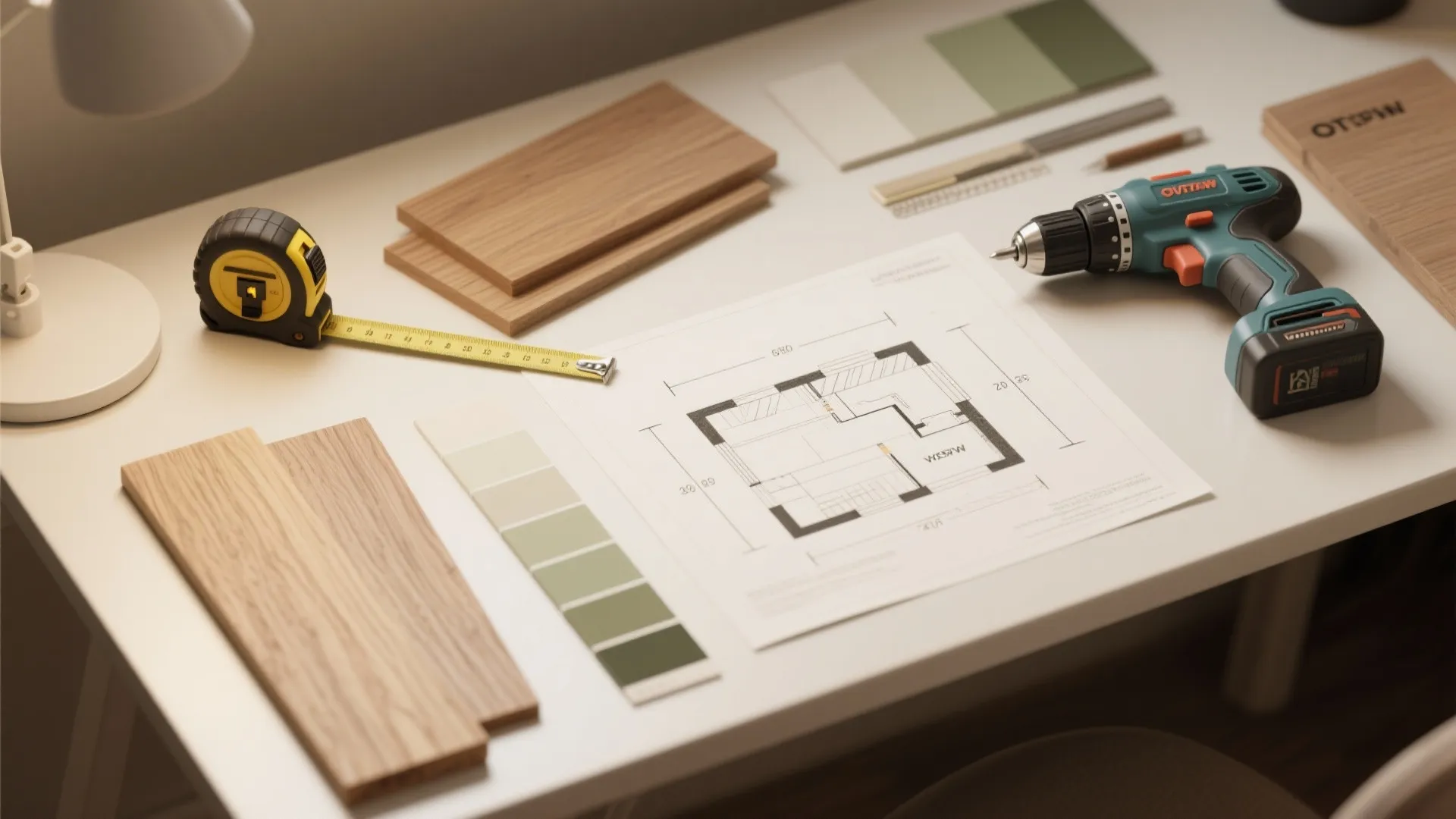 Table with floor plan drawing wood samples tape measure power drill and green color palettes