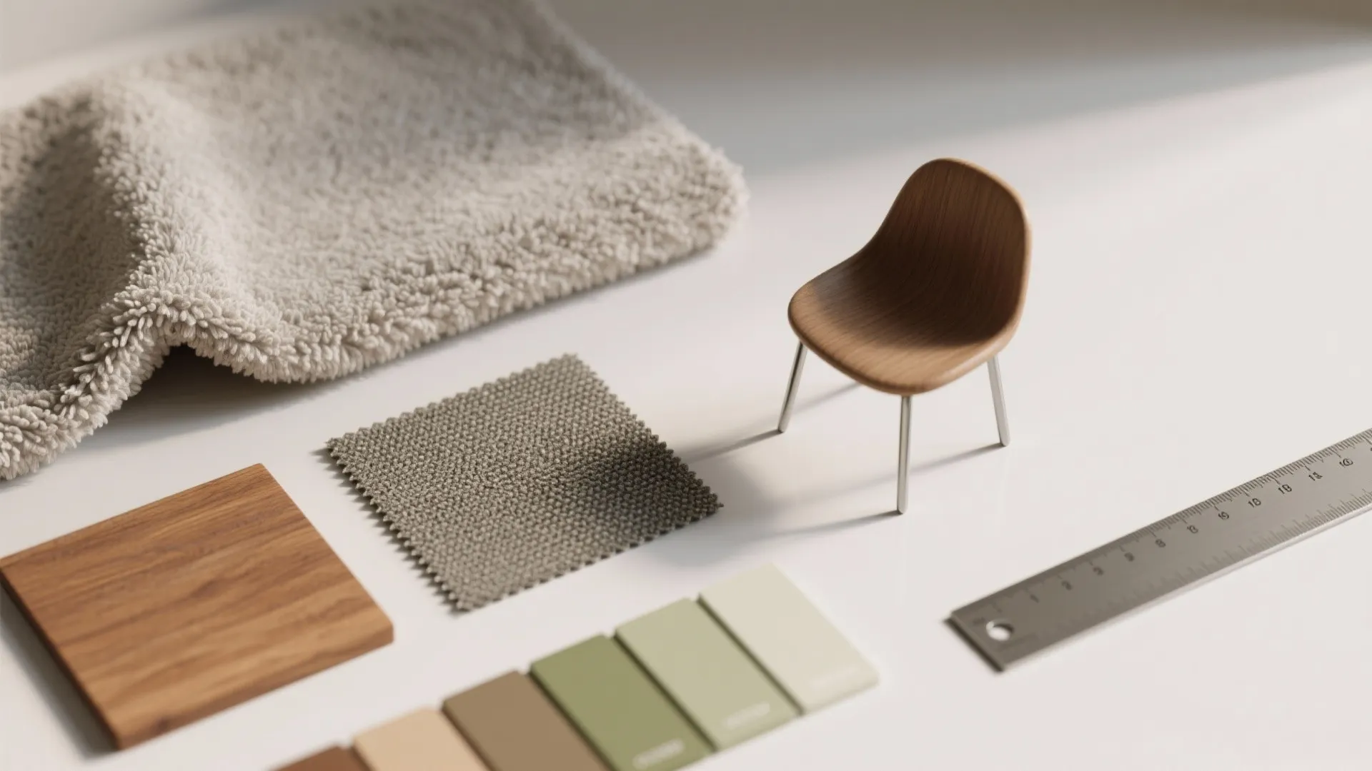 Interior design materials including wood samples fabric swatches paint colors and a small chair model