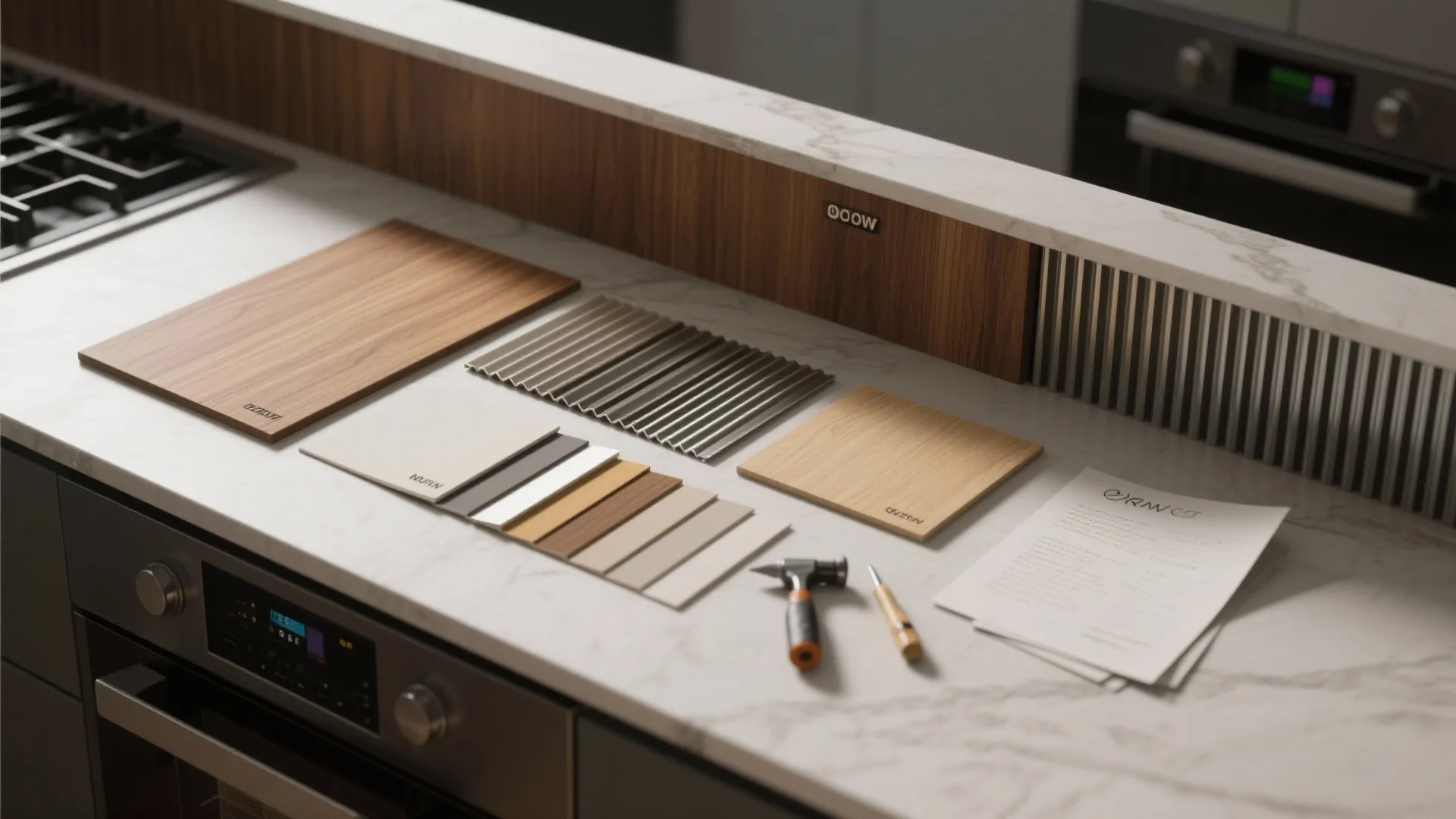 Various material samples including wood and metal laid out on white marble kitchen counter top