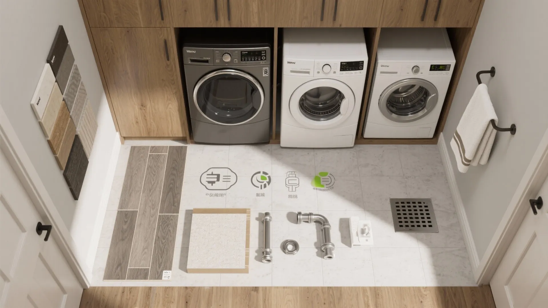 Top view of laundry room layout showing washing machines wooden cabinets floor tiles and plumbing pipes