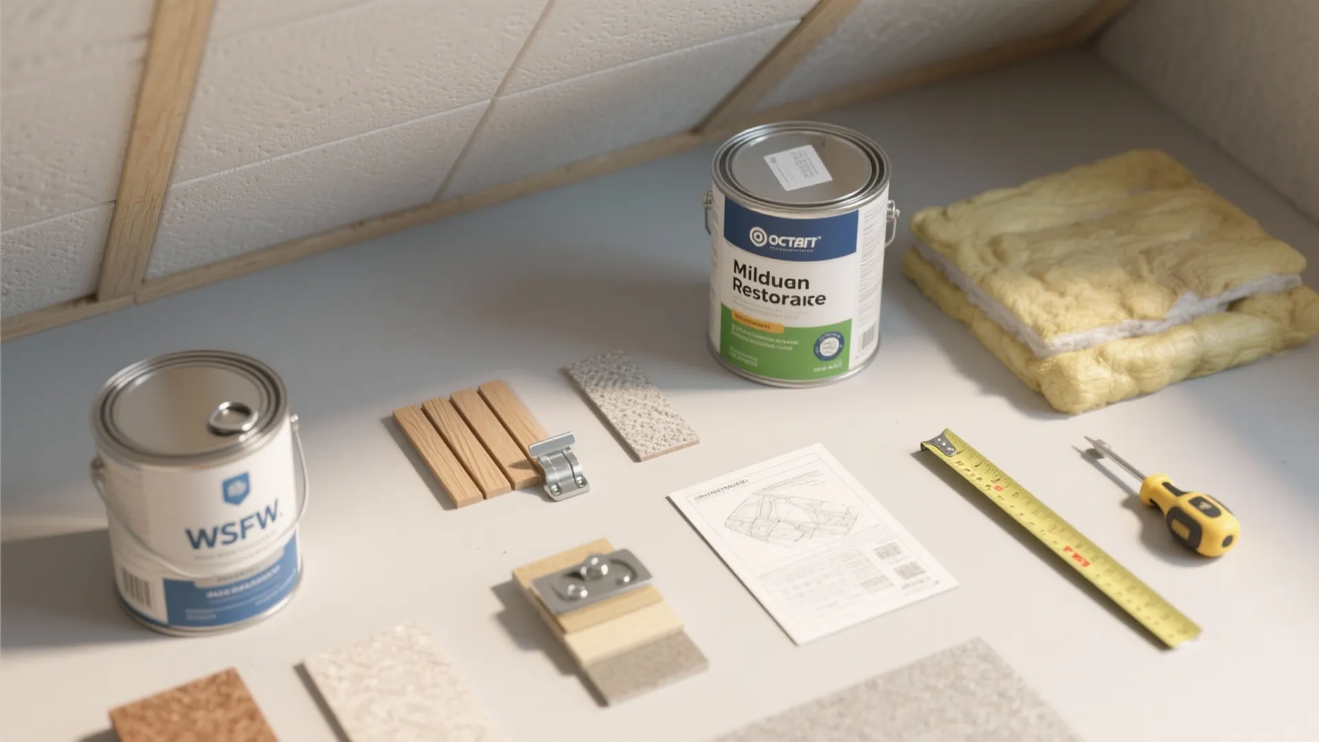 Construction materials with paint cans insulation wood pieces and tools placed on a white work surface