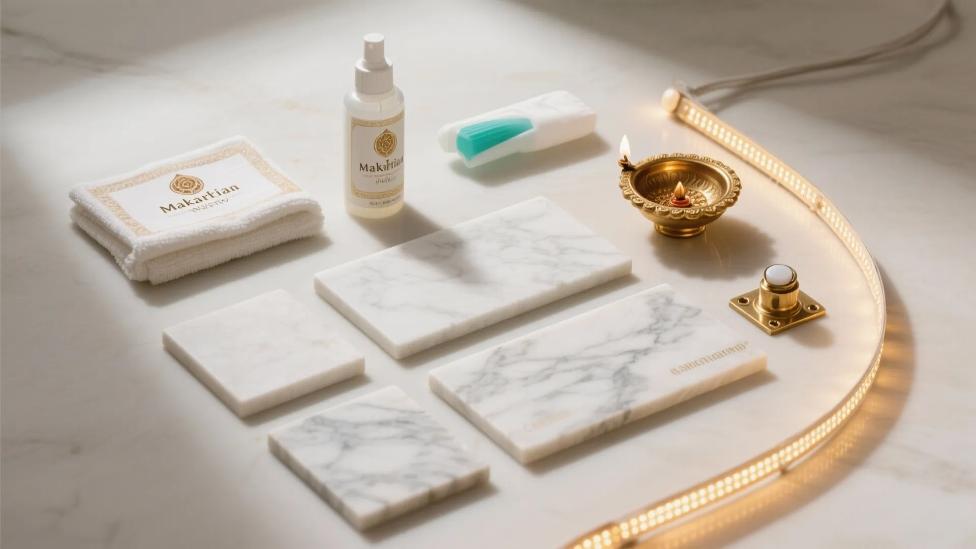 White marble samples displayed on a table with a cleaning spray and a small towel