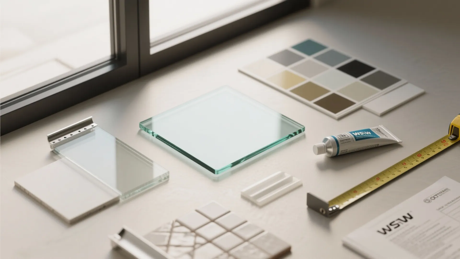Interior design material samples with glass pieces color palette measuring tape and small white tiles