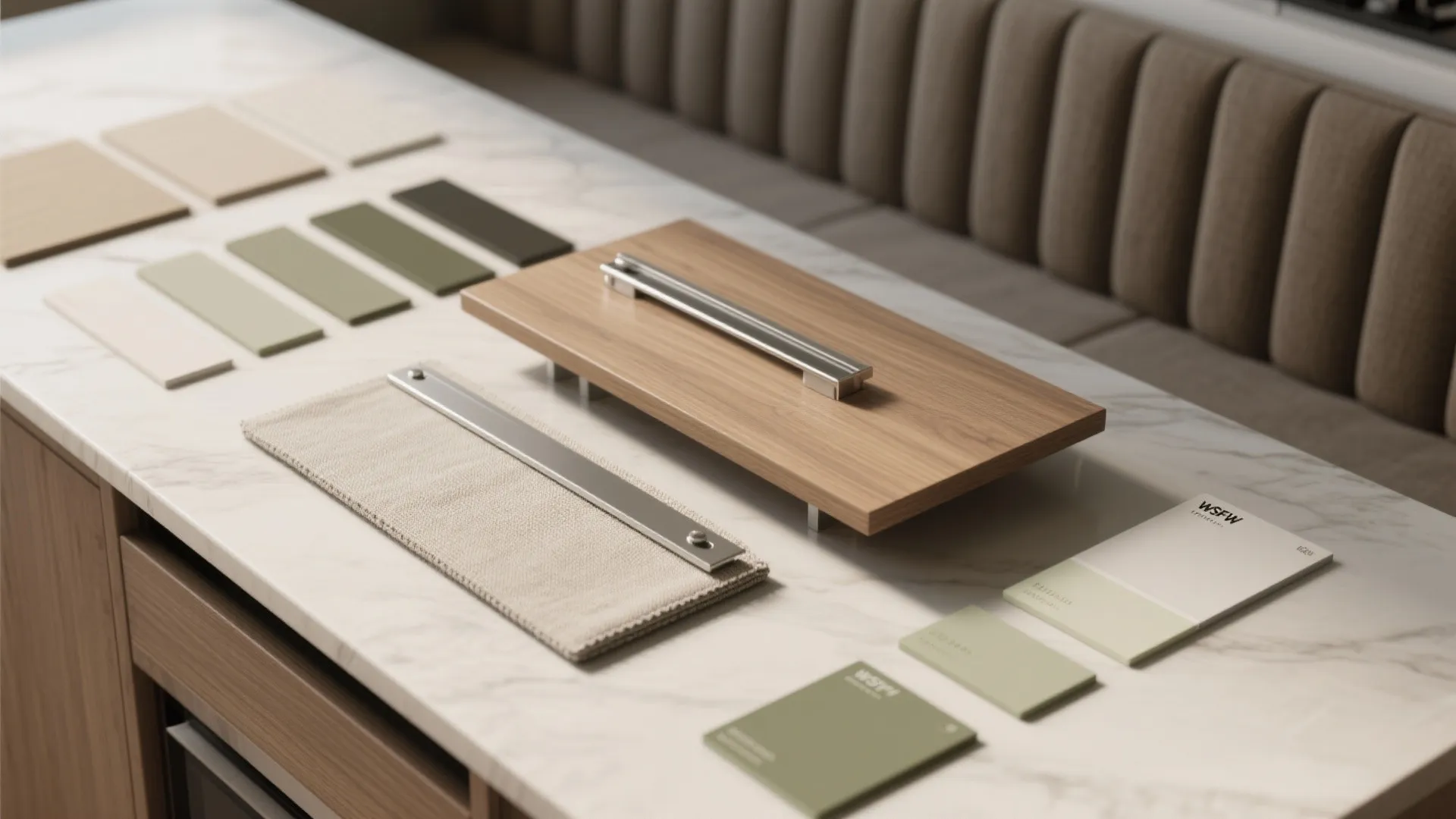 Interior design materials including wood board fabric swatches and color samples on marble kitchen counter