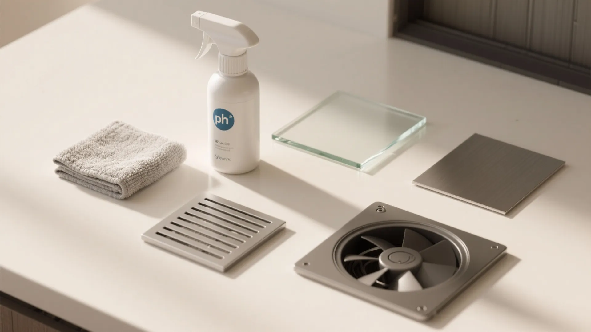 White spray bottle with grey cleaning cloth plus glass and metal samples on white bathroom surface