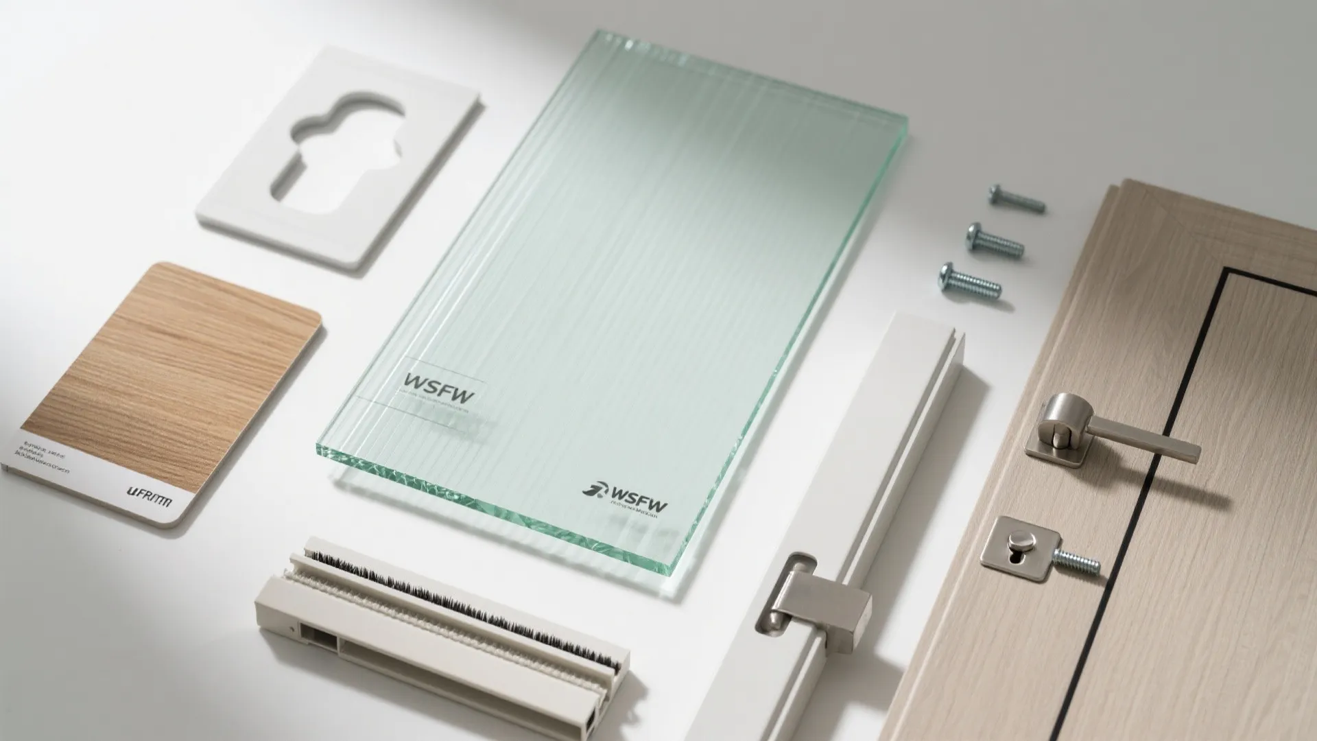 Various bathroom door components including ribbed glass panel wood sample screws metal handle and hinges