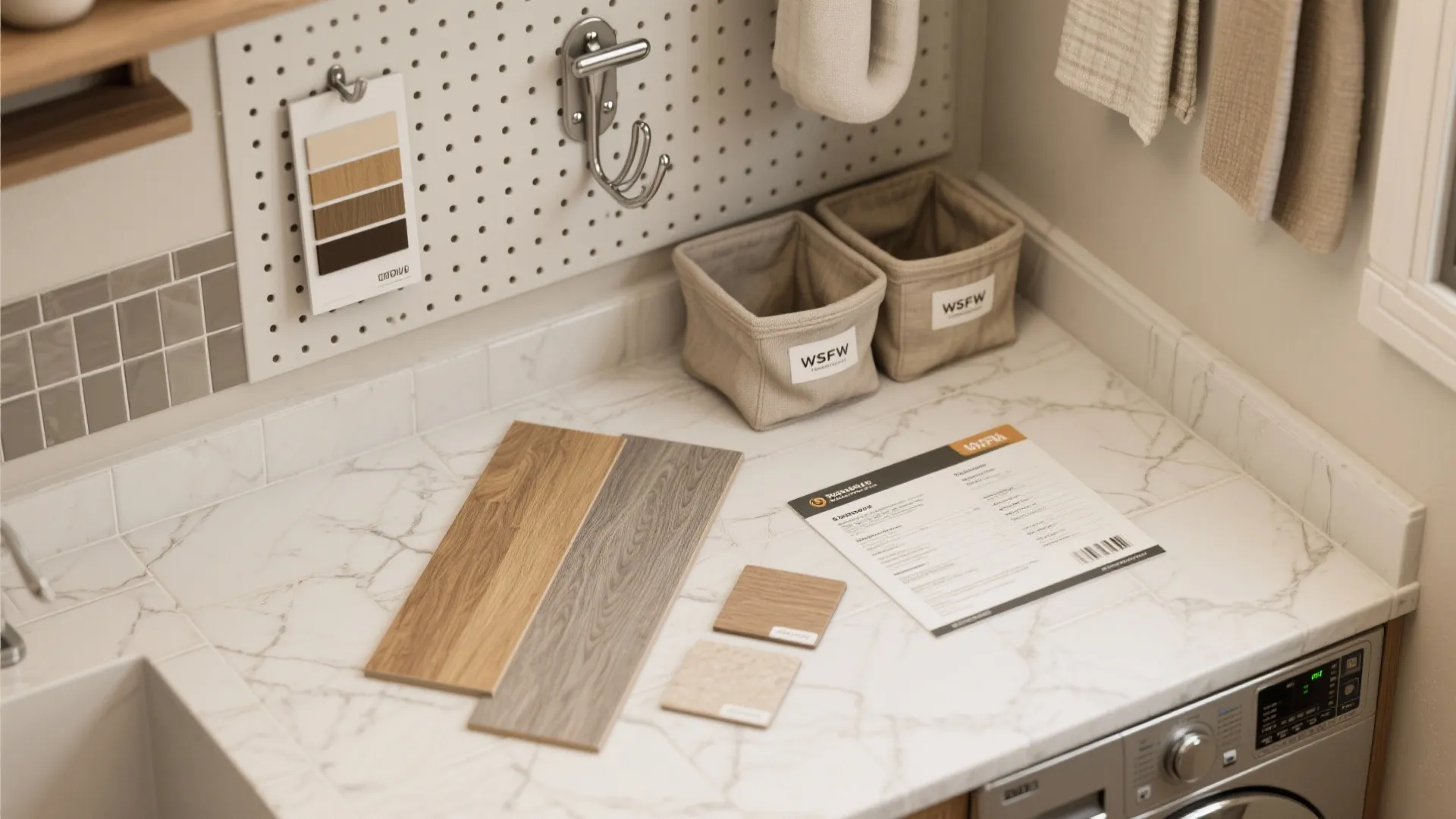Top-down flatlay of material samples: tile, vinyl plank, wood laminate, pegboard hooks and labeled bins for laundry and mudroom planning.