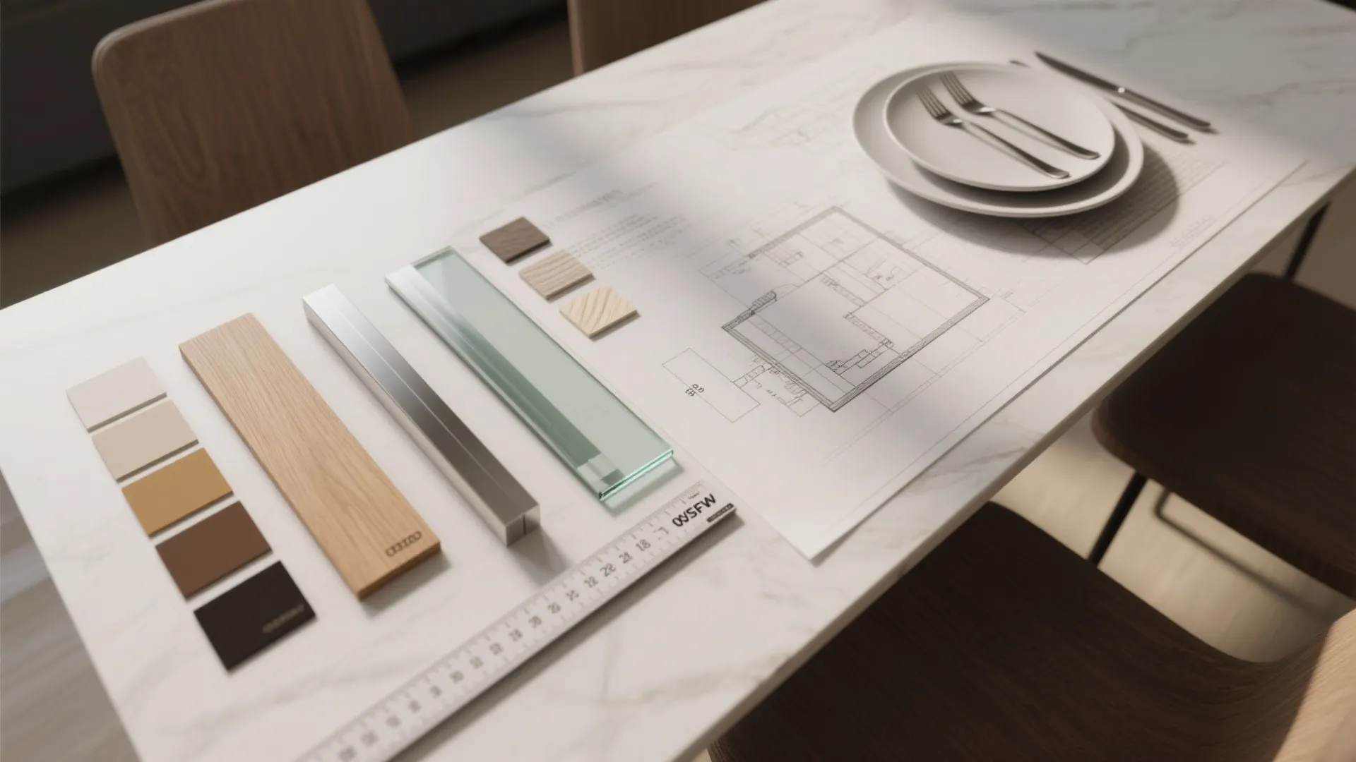 Top-down flatlay of material samples, measuring tape, and a floorplan sketch for planning narrow dining tables.