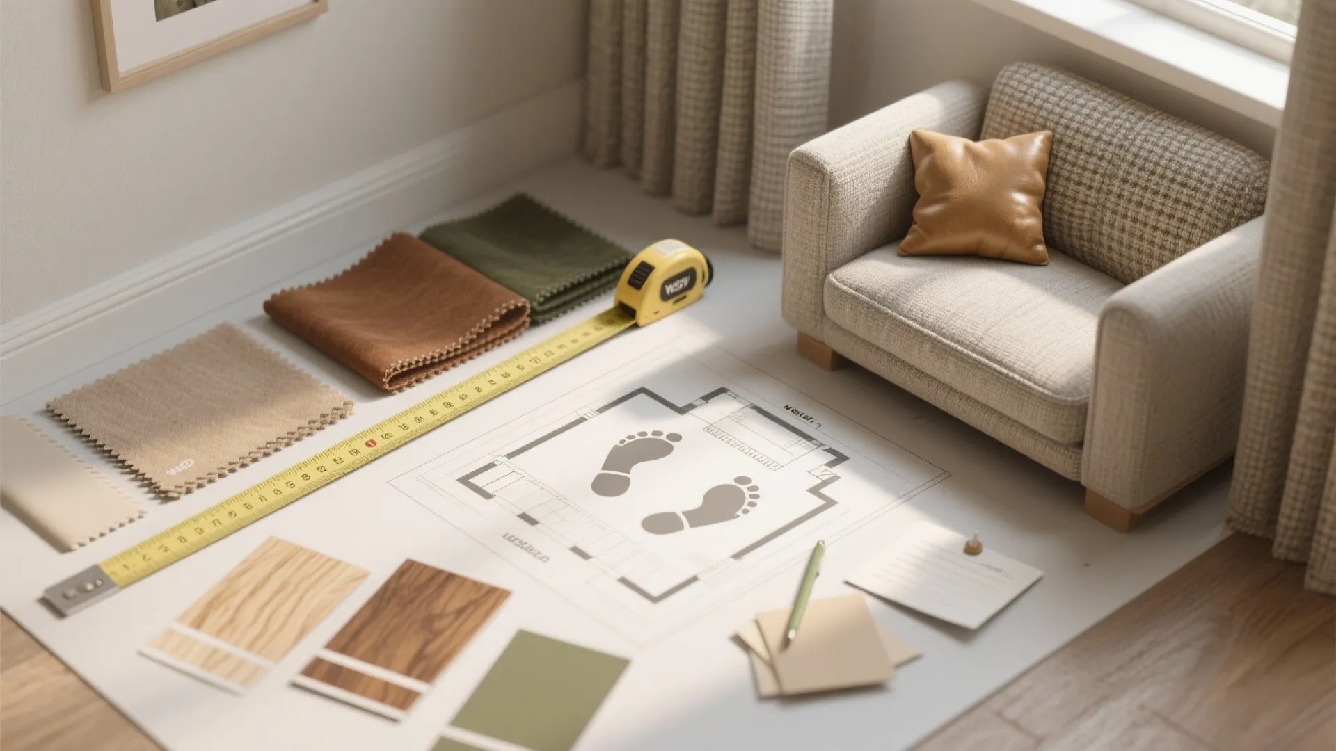 Interior design drawing with fabric samples measuring tape small sofa and wood material swatches on floor