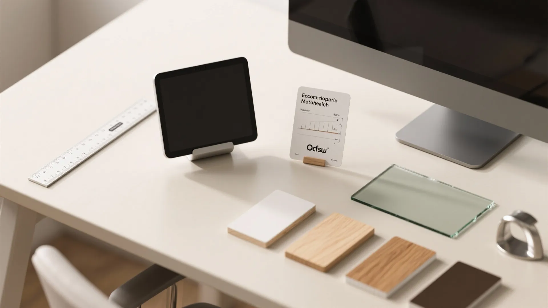 Flatlay of materials and ergonomics references including wood veneer swatches, glass sample, monitor mockup, and ergonomic guideline card.