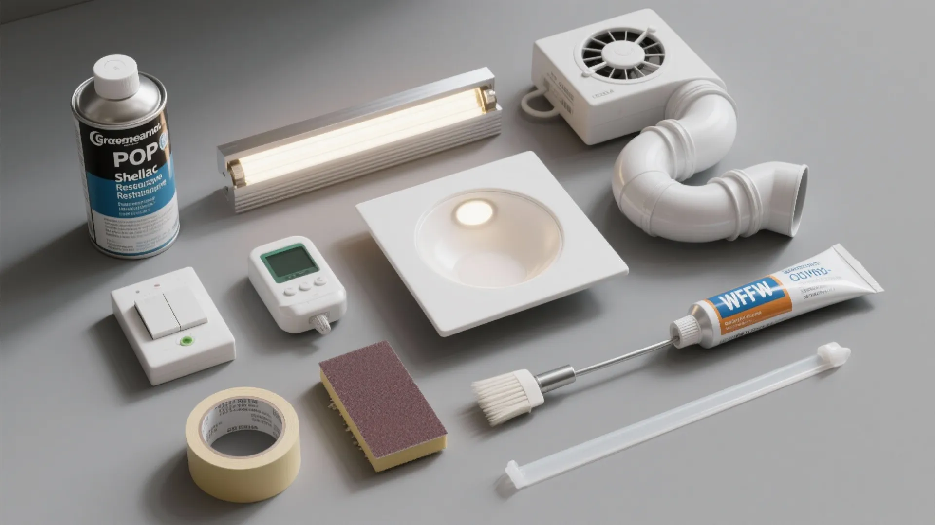 Various home improvement materials including glue tape sponge light fixture and ventilation pipe on grey background