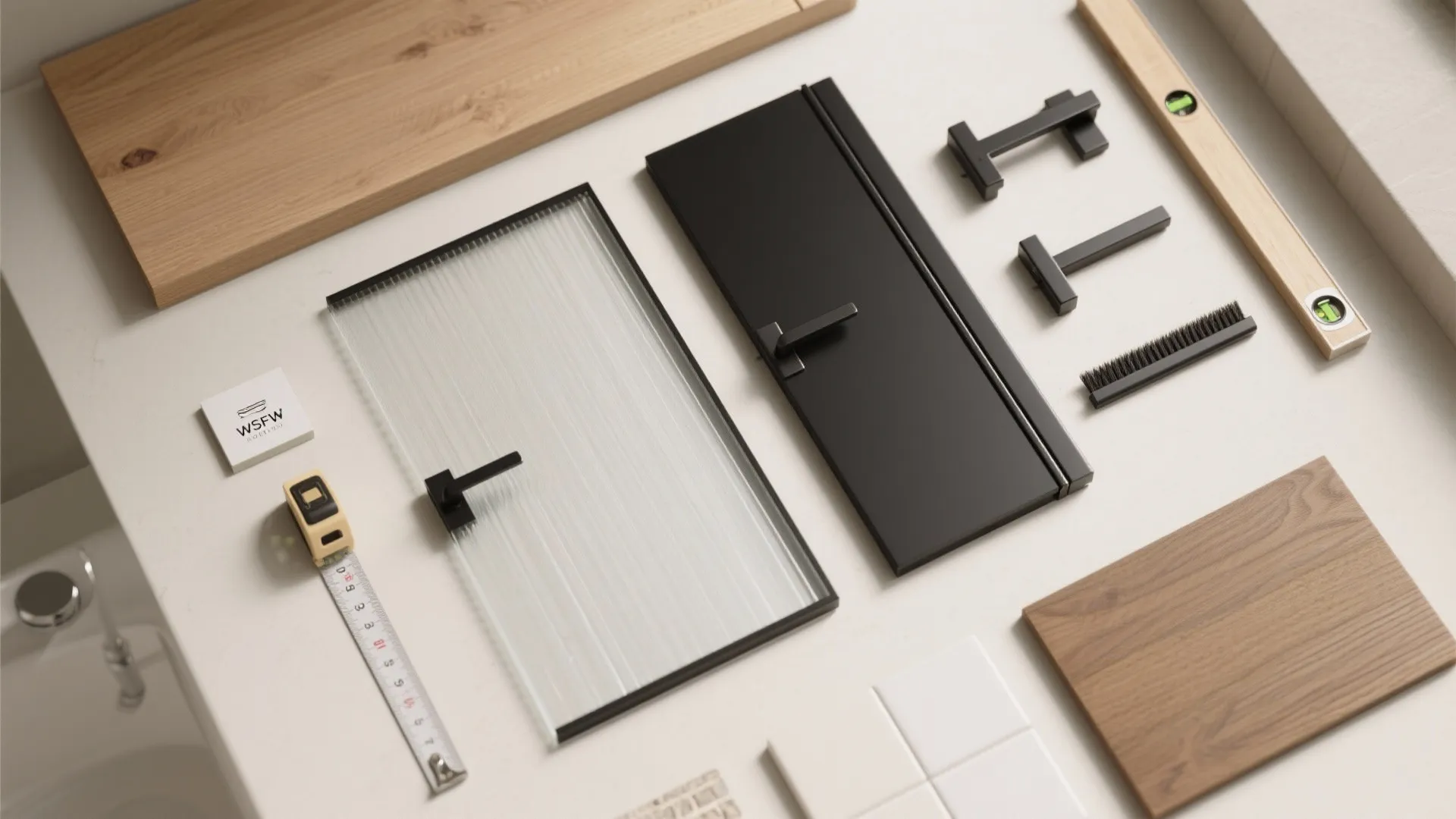 Flat lay of frosted and reeded glass samples, laminated glass, black aluminum hardware, brush seals, oak veneer, tile swatches, tape measure, and level.