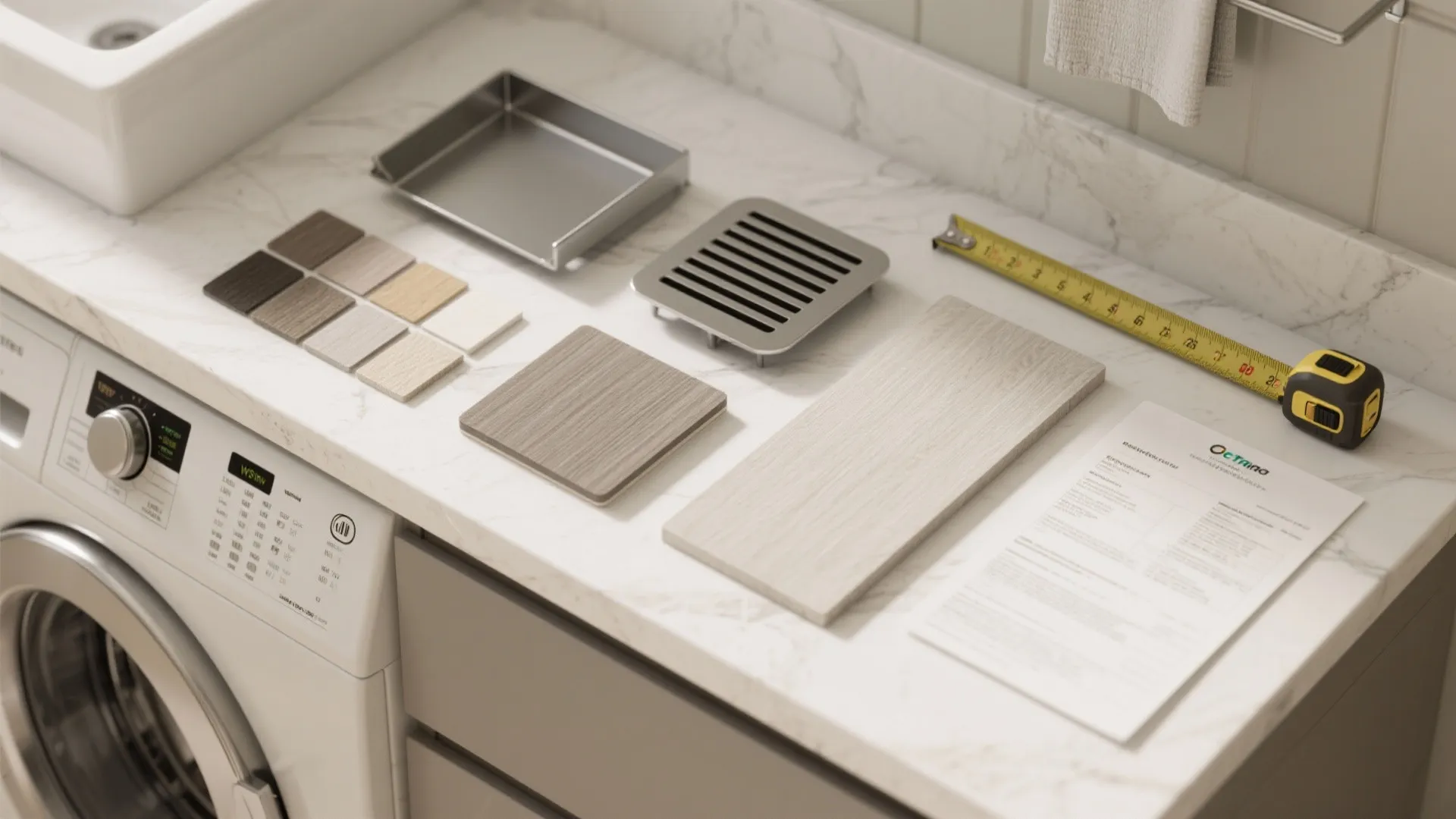Marble countertop with wood samples metal tray measuring tape and a washing machine in a laundry