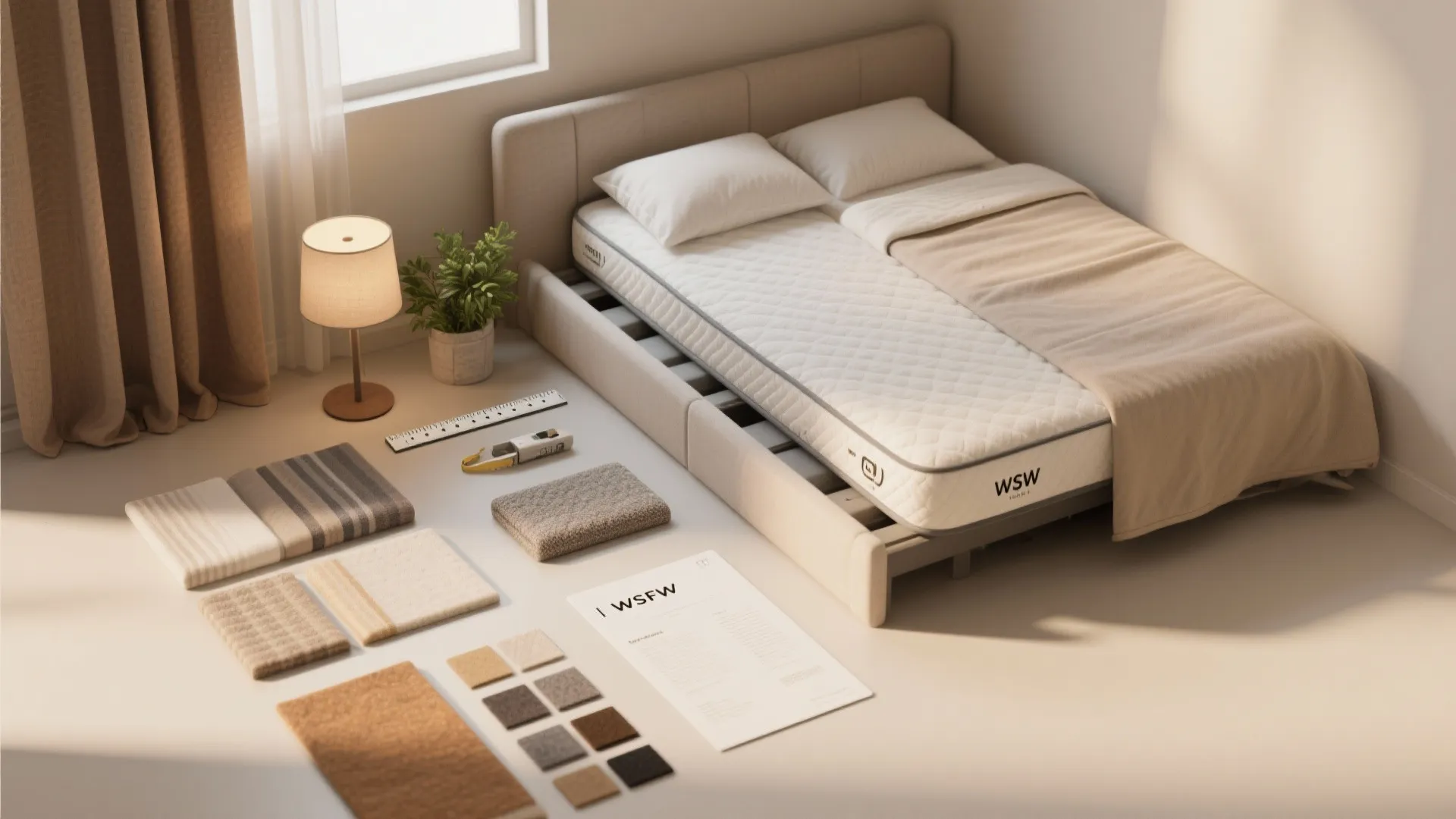 Bedroom interior design with mattress bed fabric samples table lamp and small green potted plant