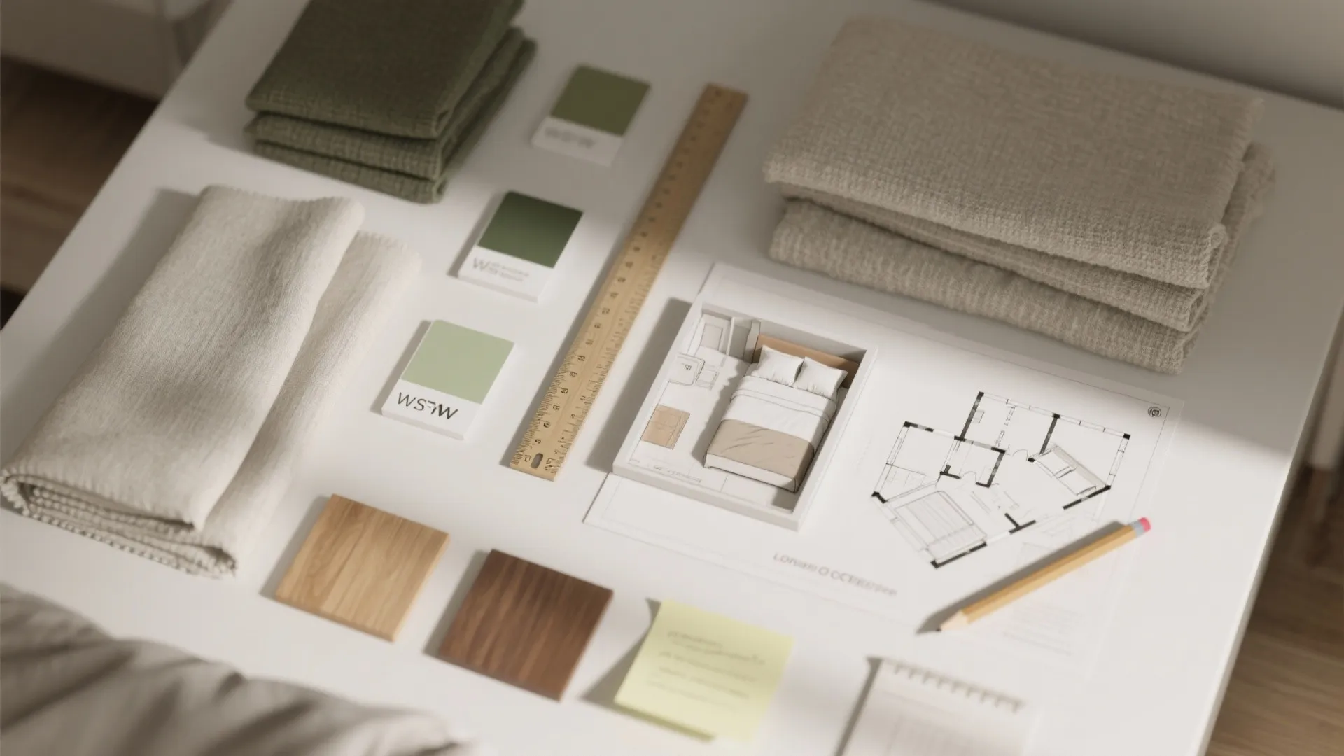 Interior design planning desk with fabric samples color cards floor plans ruler and a pencil