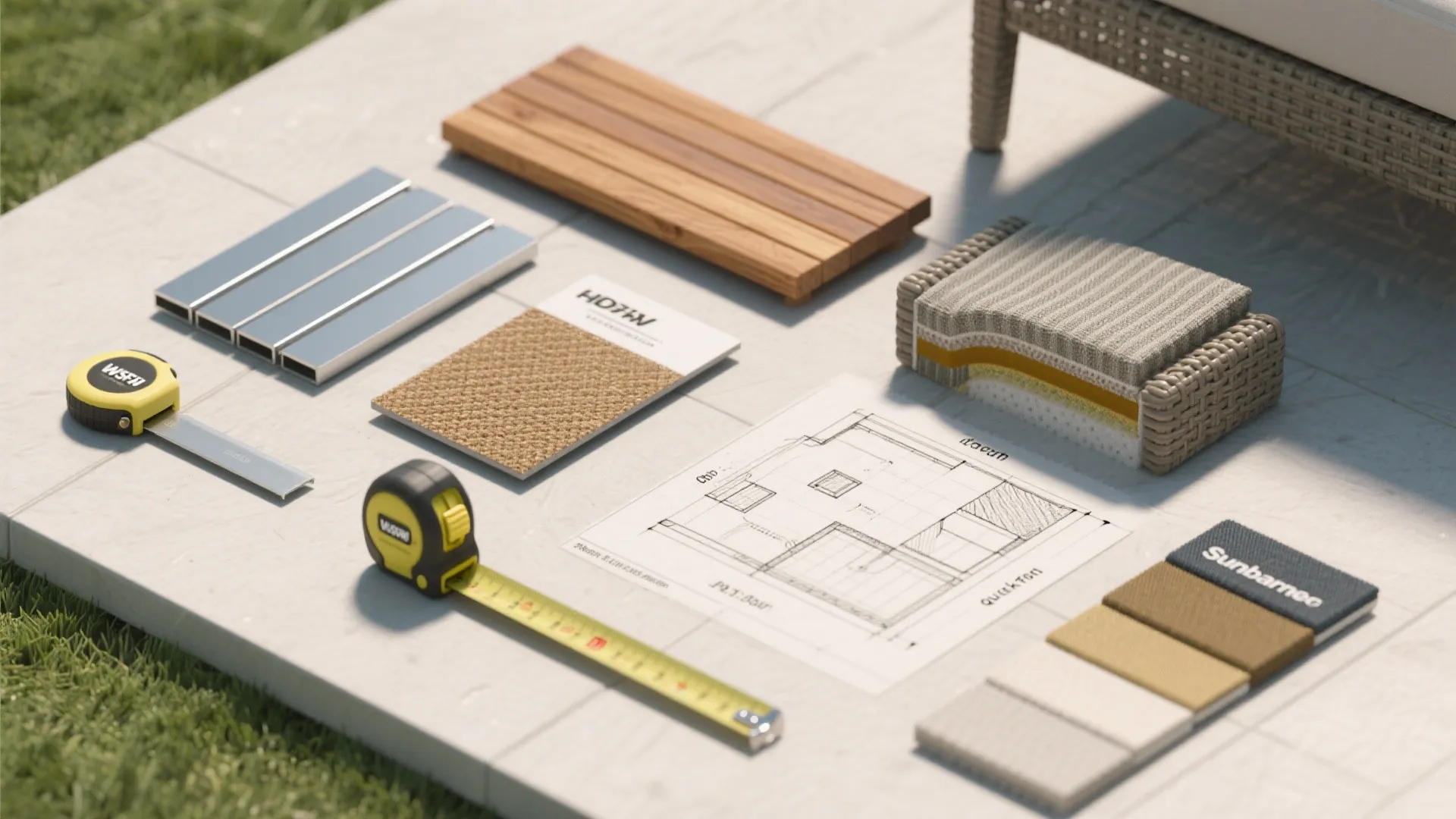 Outdoor display of home renovation materials including wood samples fabric swatches and a floor plan