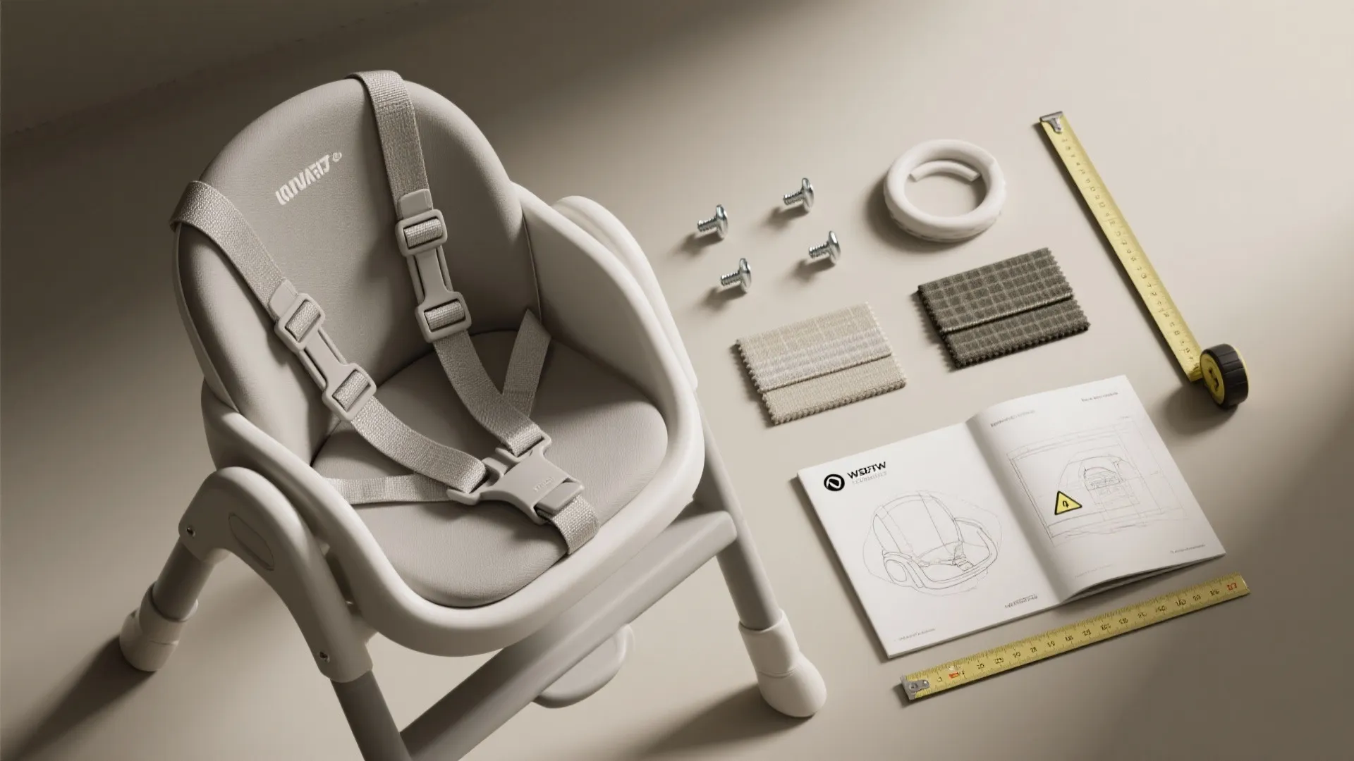 A beige baby high chair with straps sitting next to screws manual and tape measure