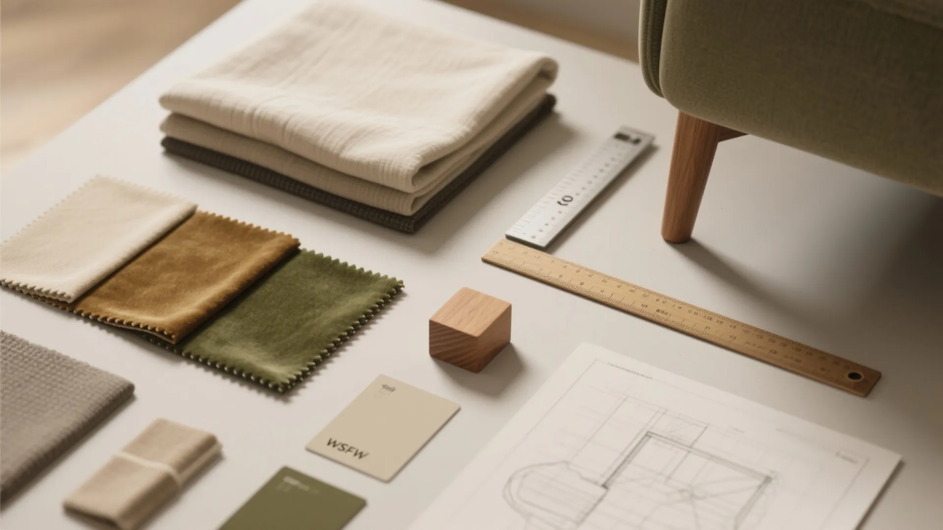 Interior design material board with fabric samples wooden ruler and floor plan drawing on table