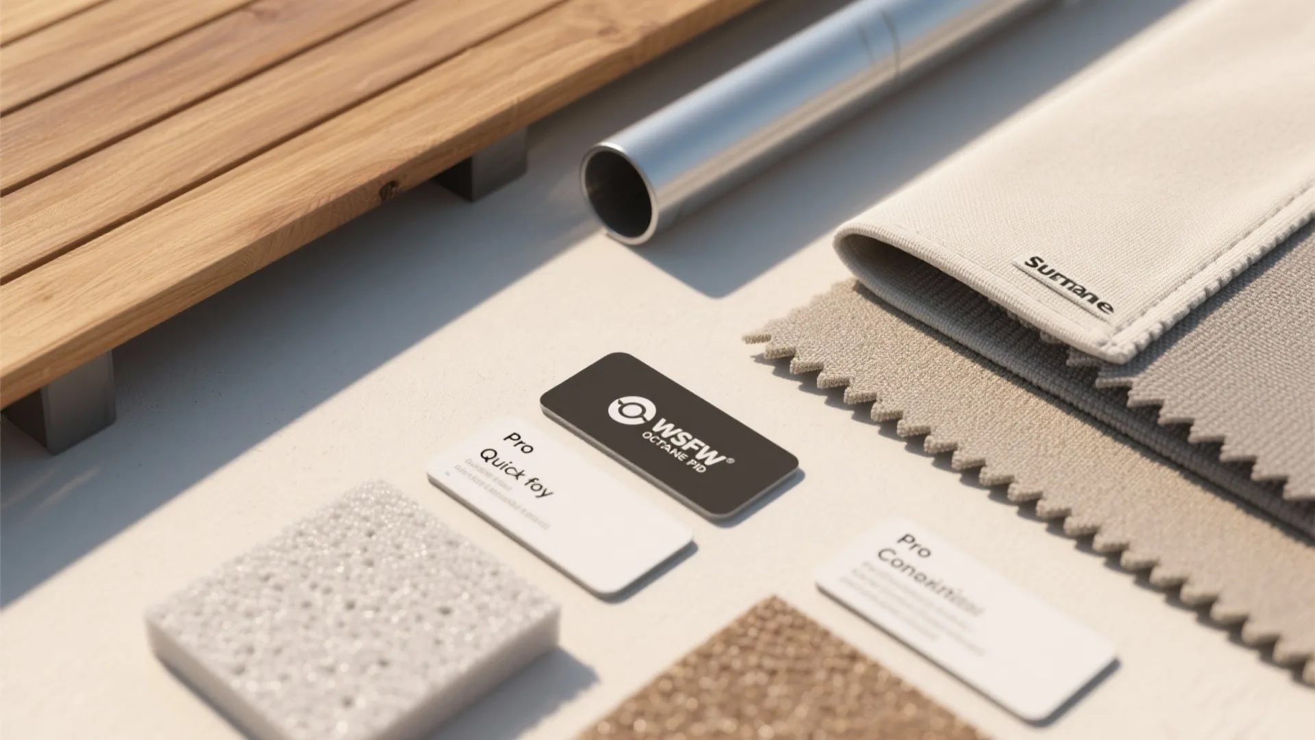 Close up of wood panels and metal pipes next to fabric swatches and business cards layout