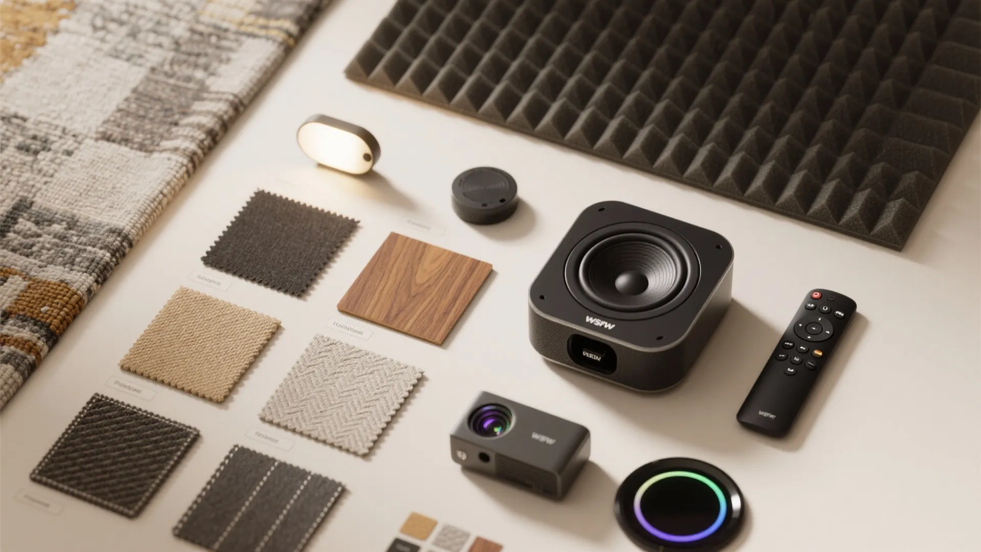 Collection of interior design materials including fabric samples wood speaker remote projector and acoustic foam
