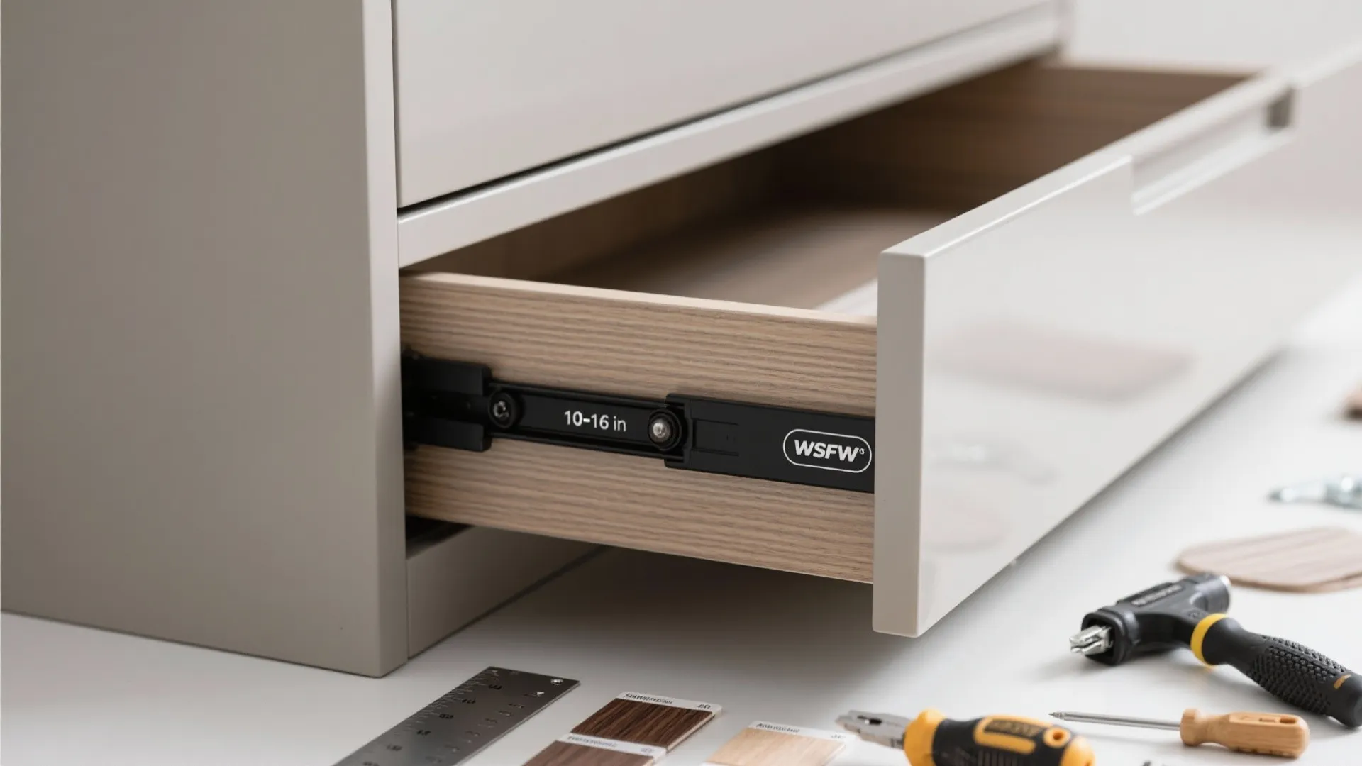 Modern white cabinet with open wooden drawer showing black metal sliding track and various hand tools