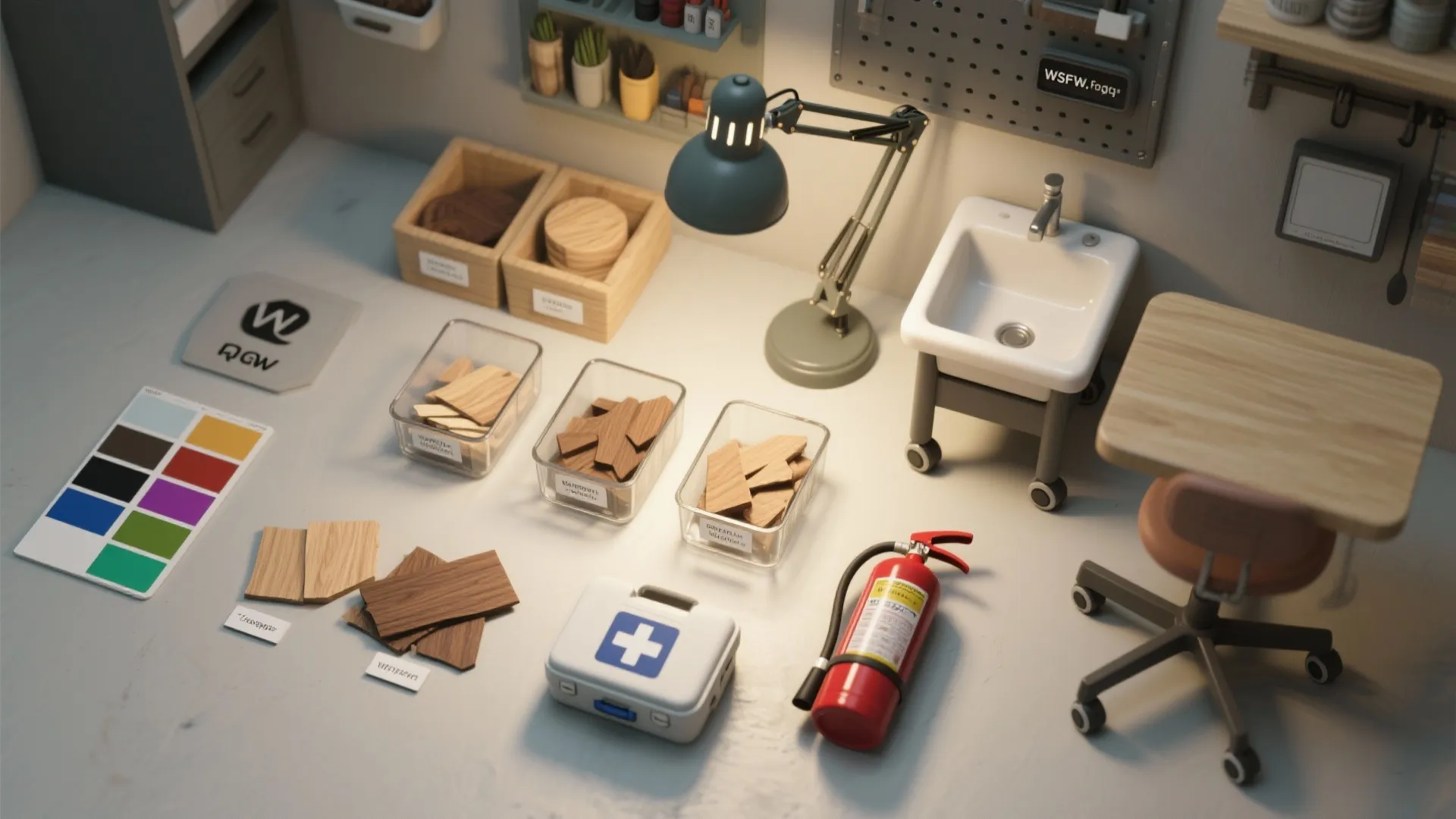 Workshop table showing wood samples color chart first aid kit fire extinguisher and a lamp