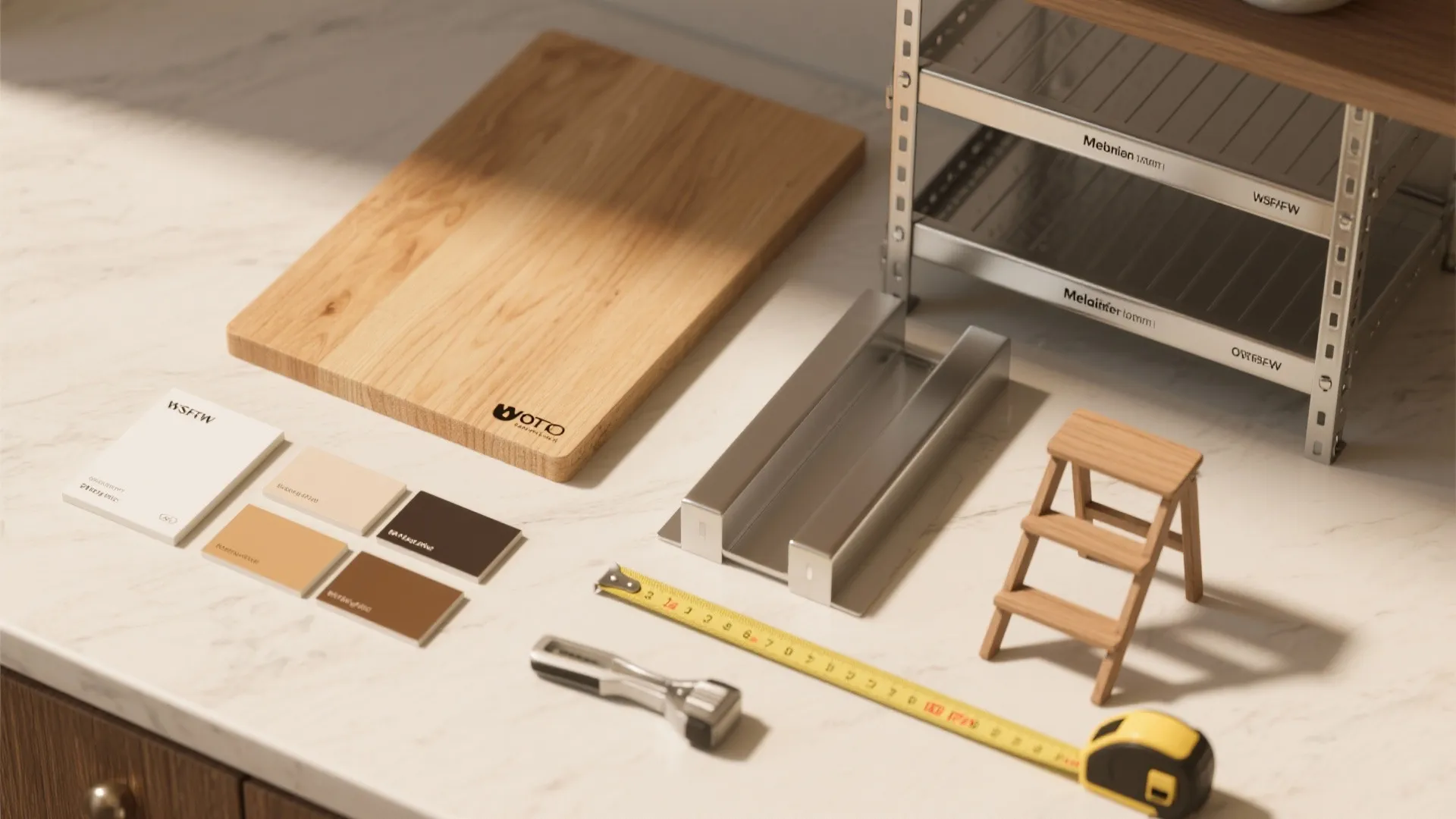 Top-down flatlay of pantry shelving materials: melamine, maple wood sample, metal shelving, and labels.