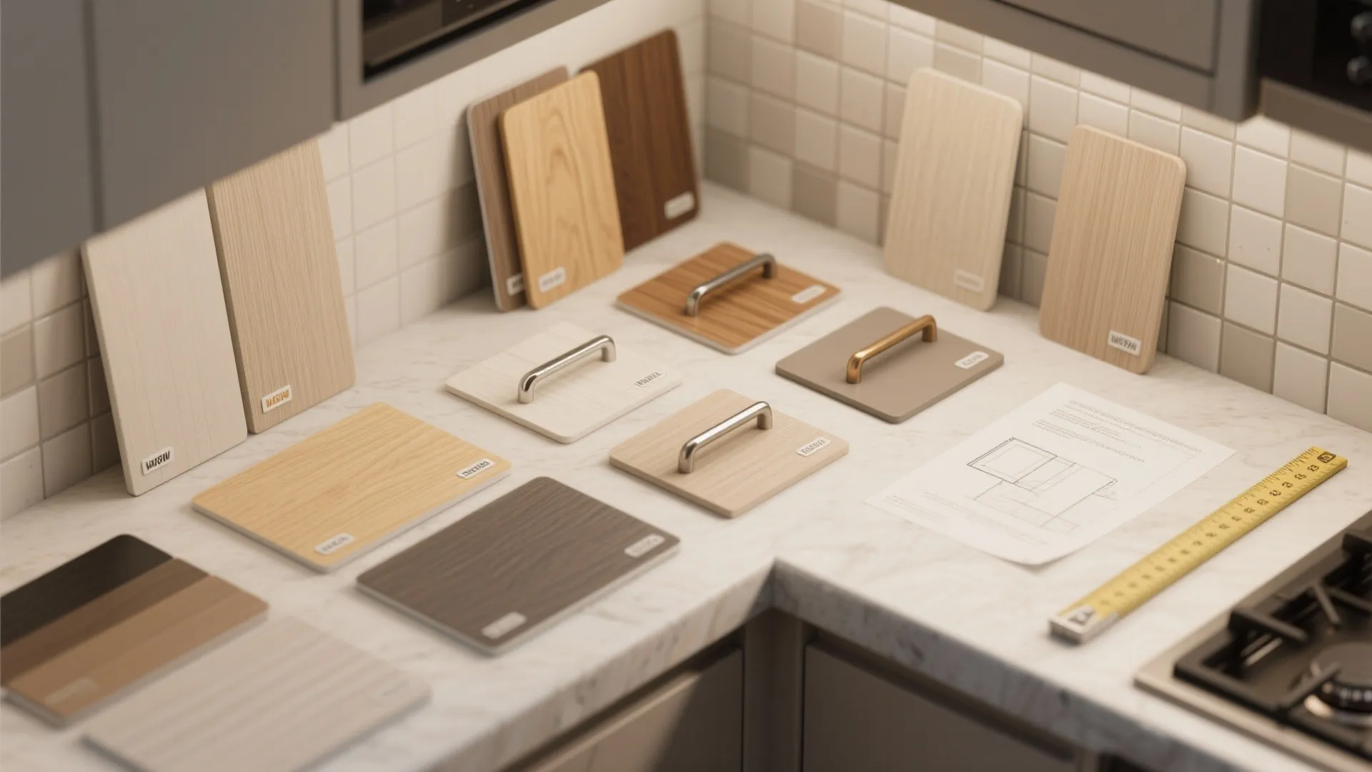 Wood samples and cabinet handles on white marble countertop with design drawing and yellow tape