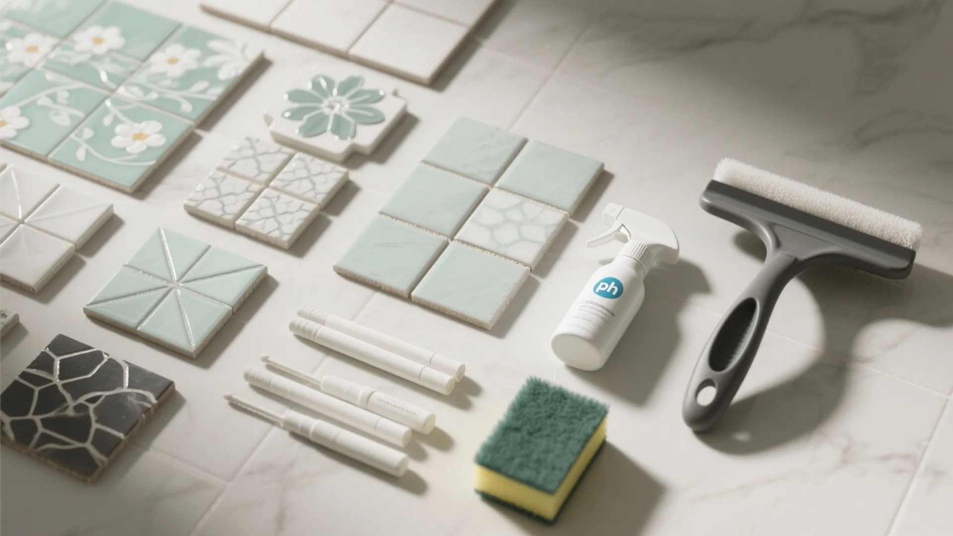 Various green and white patterned tiles shown with cleaning sponge, spray bottle, and floor brush