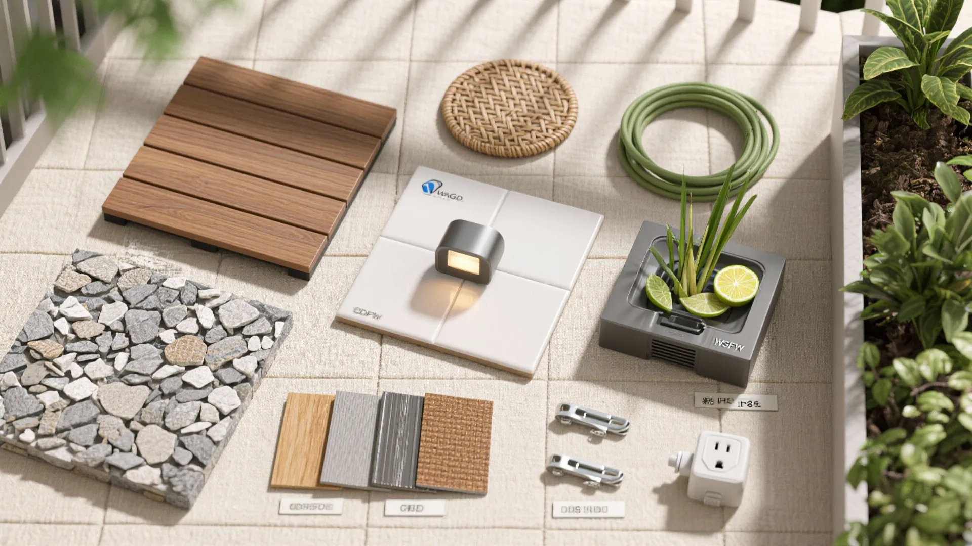 Outdoor design material board with wood deck tiles and stone samples plus light fixture accessories