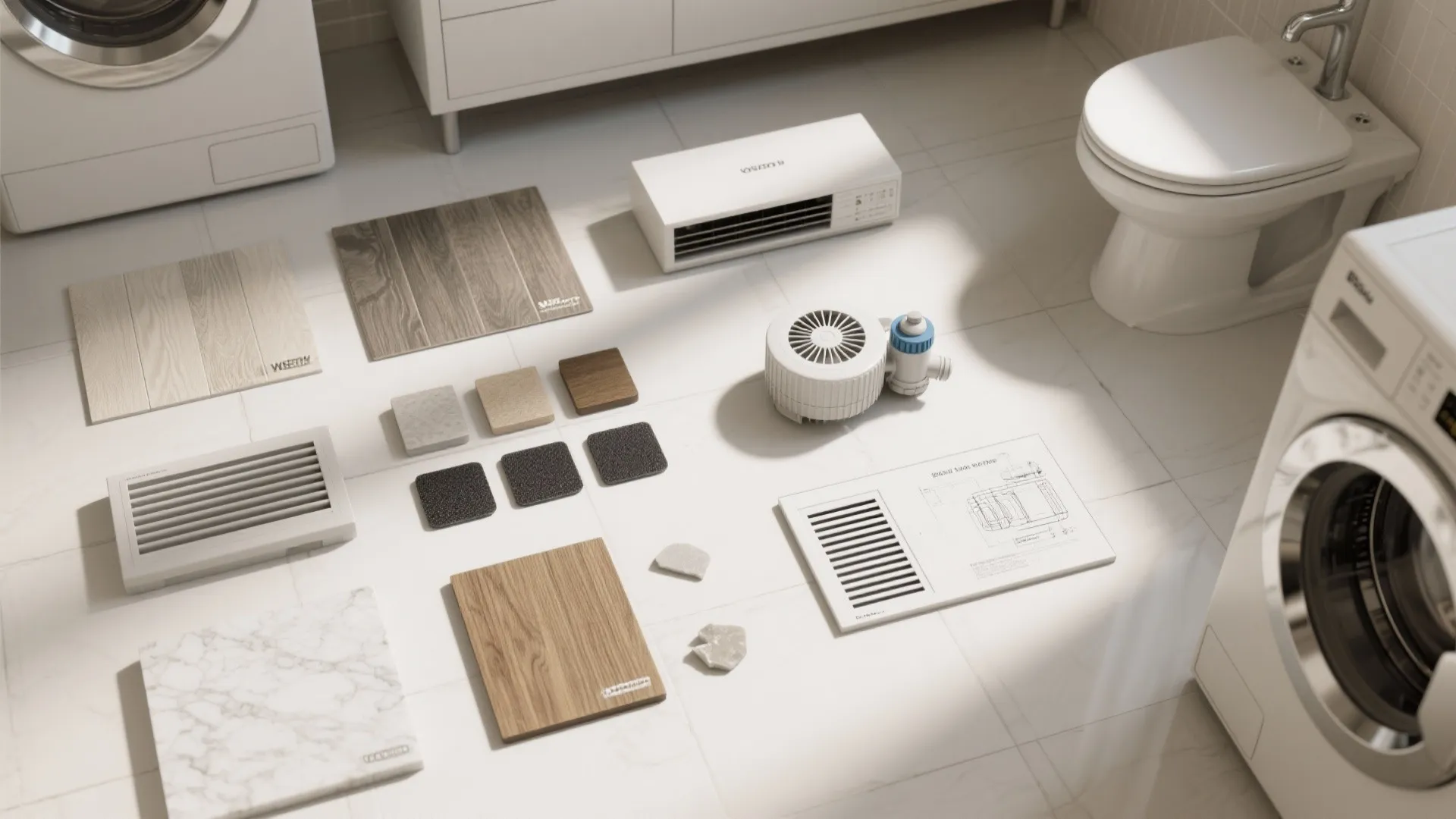Collection of wood floor samples and bathroom light fixtures displayed on a white tiled floor