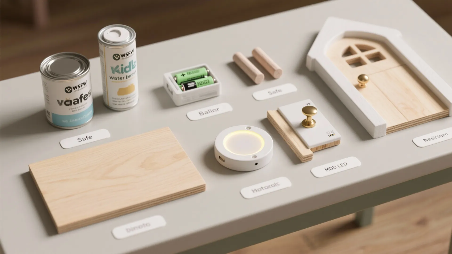 Table displaying home improvement supplies including paint cans, wood samples, batteries, and a light fixture