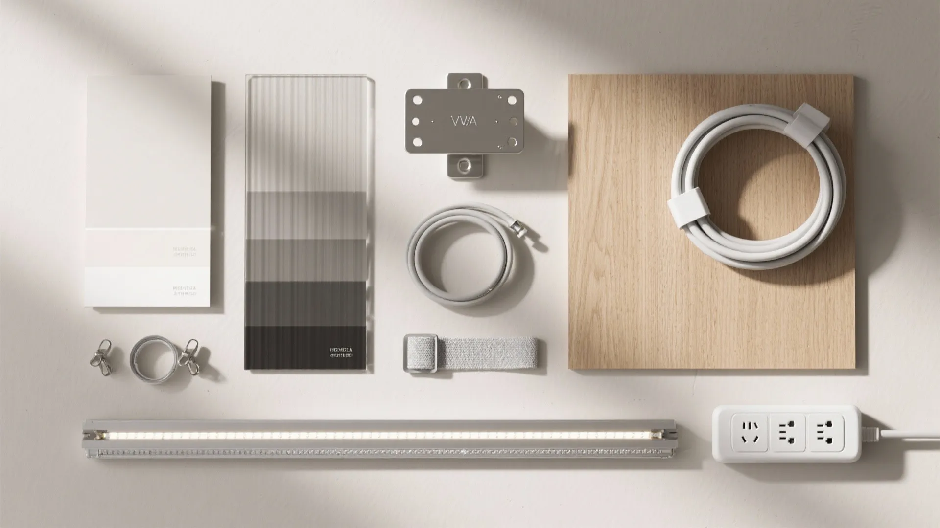 Collection of interior design materials including wood panel glass tile light strip and power socket