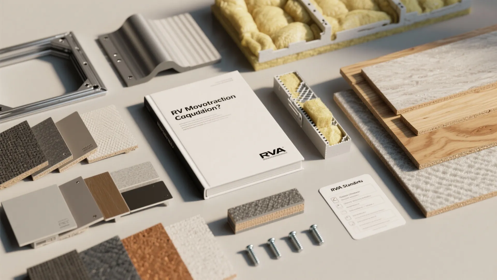 Collection of interior design materials including wood planks carpet samples insulation foam and white book guide